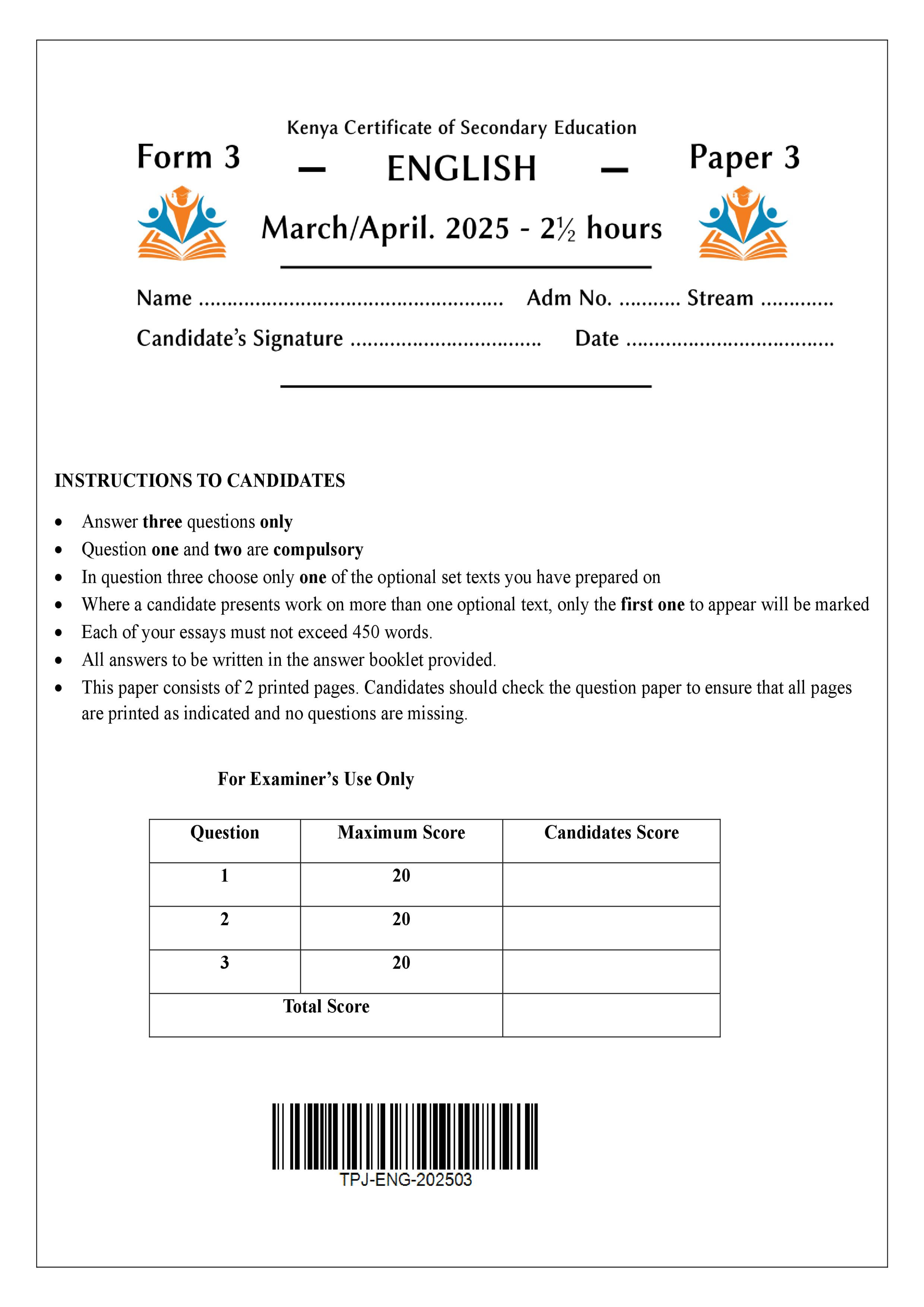 ENGLISH FORM 3 PAPER 3 END TERM 1 2025