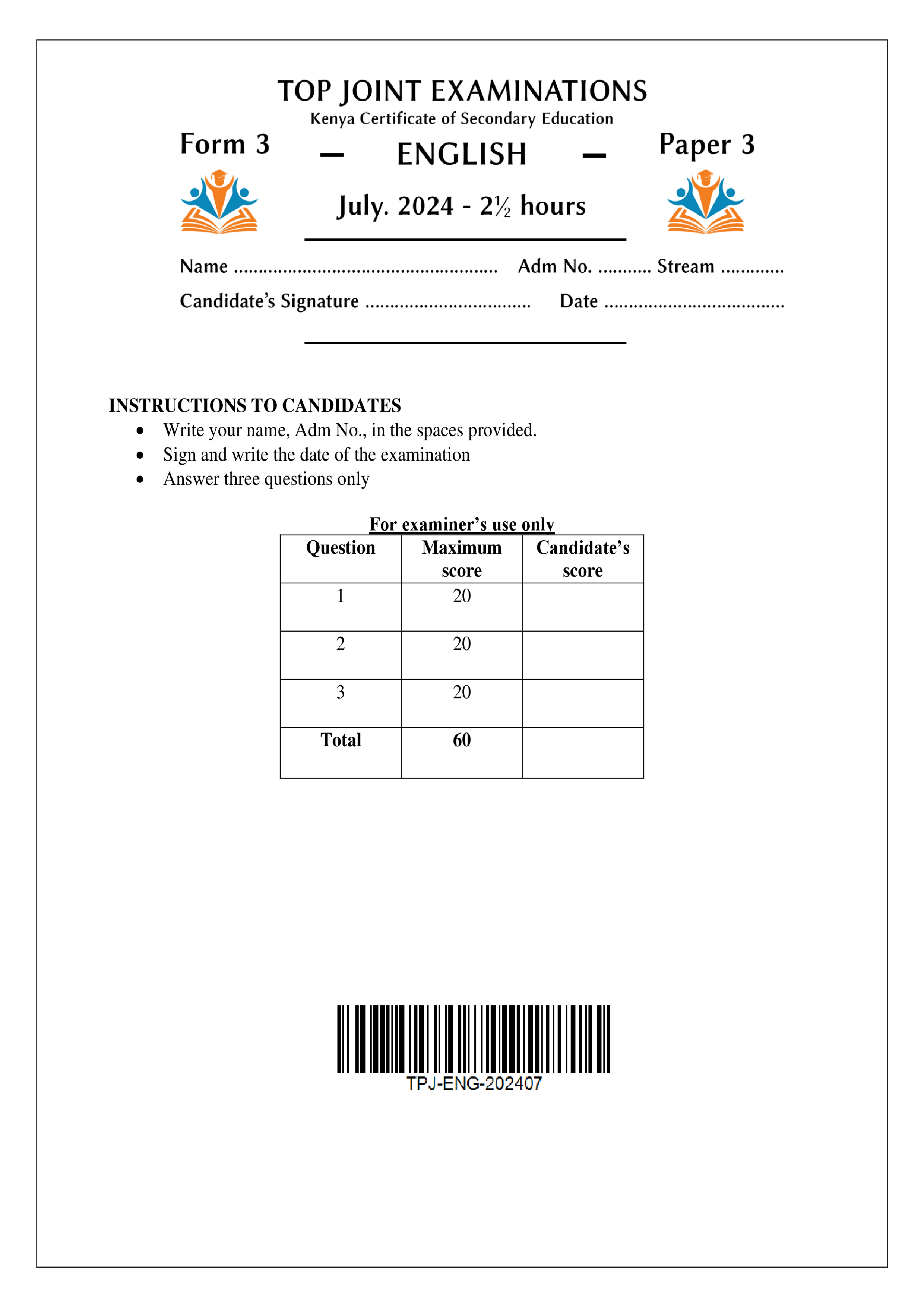 ENGLISH FORM 3 PAPER 3 END TERM 2 2024