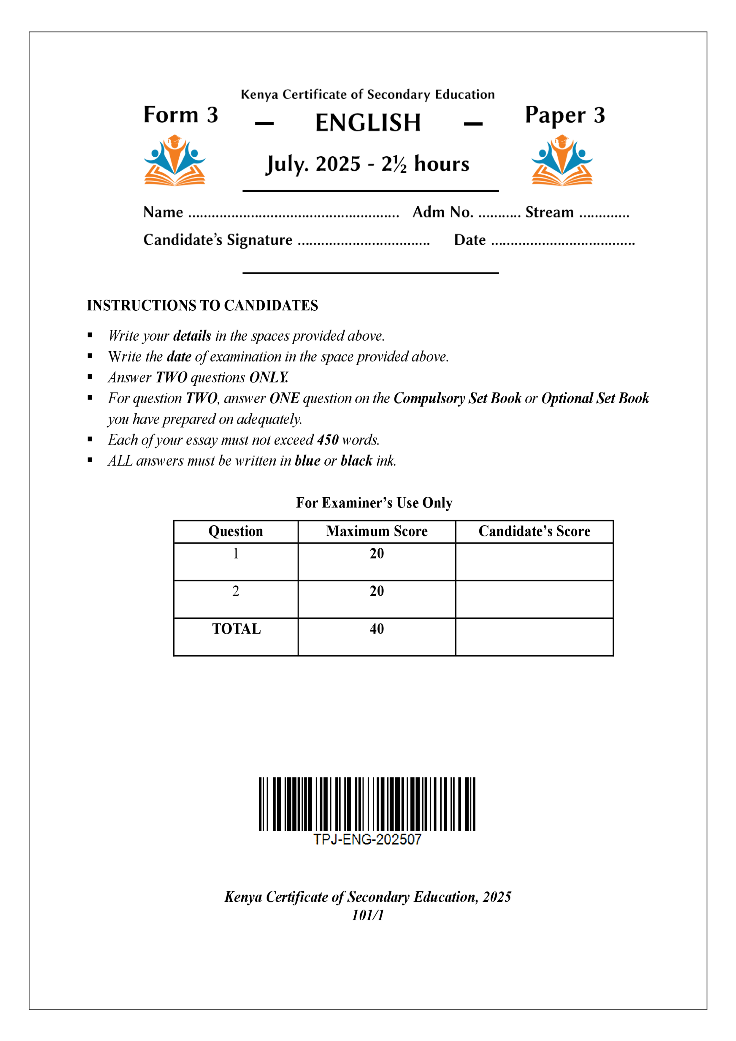 ENGLISH FORM 3 PAPER 3 END TERM 2 2025