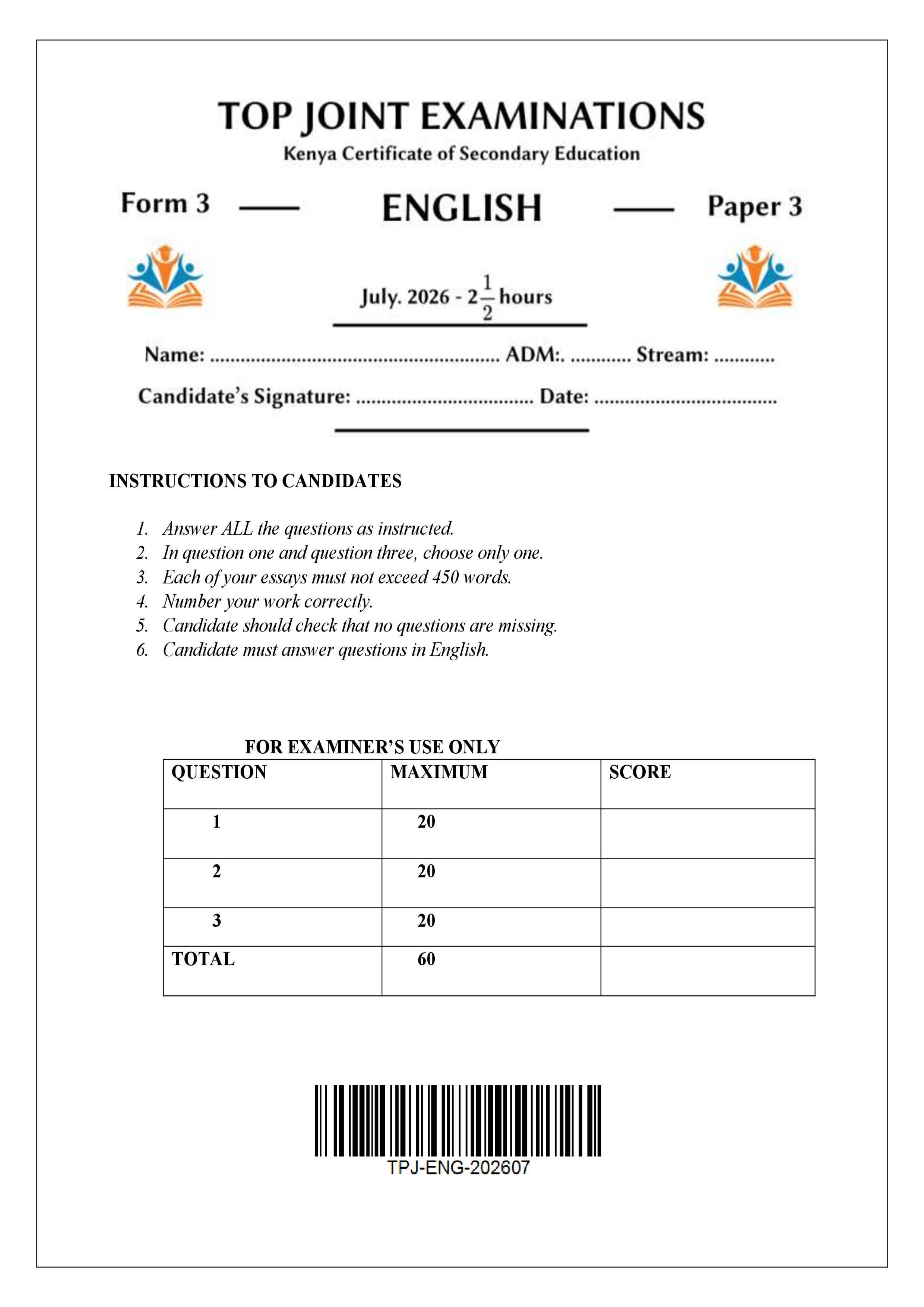 ENGLISH FORM 3 PAPER 3 END TERM 2 2026