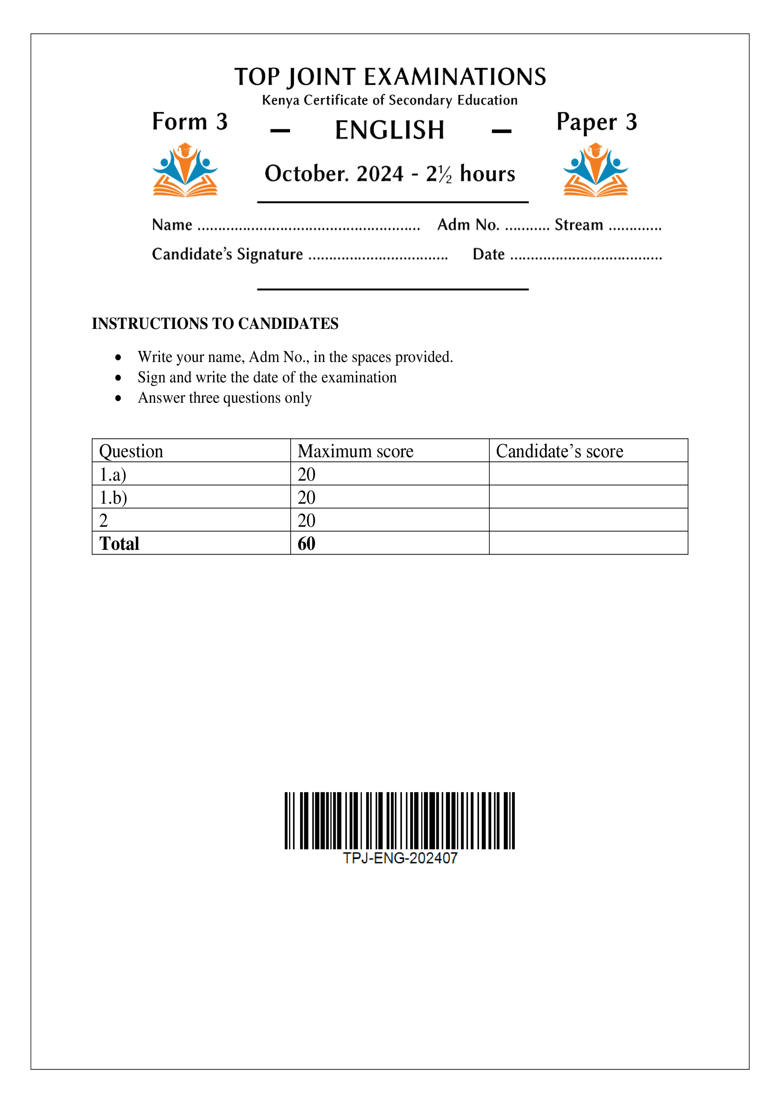 ENGLISH FORM 3 PAPER 3 END TERM 3 2024
