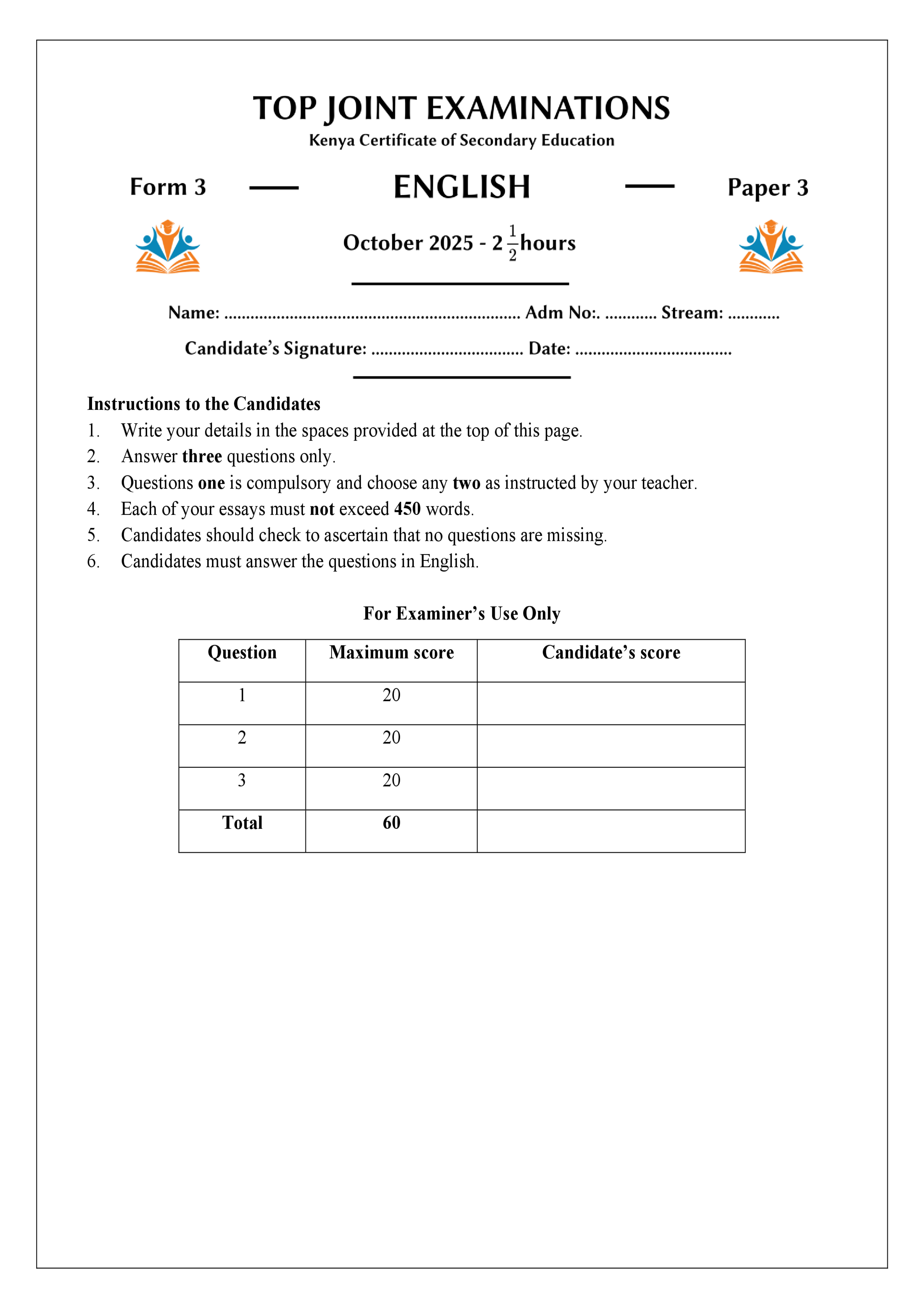ENGLISH FORM 3 PAPER 3 END TERM 3 2025