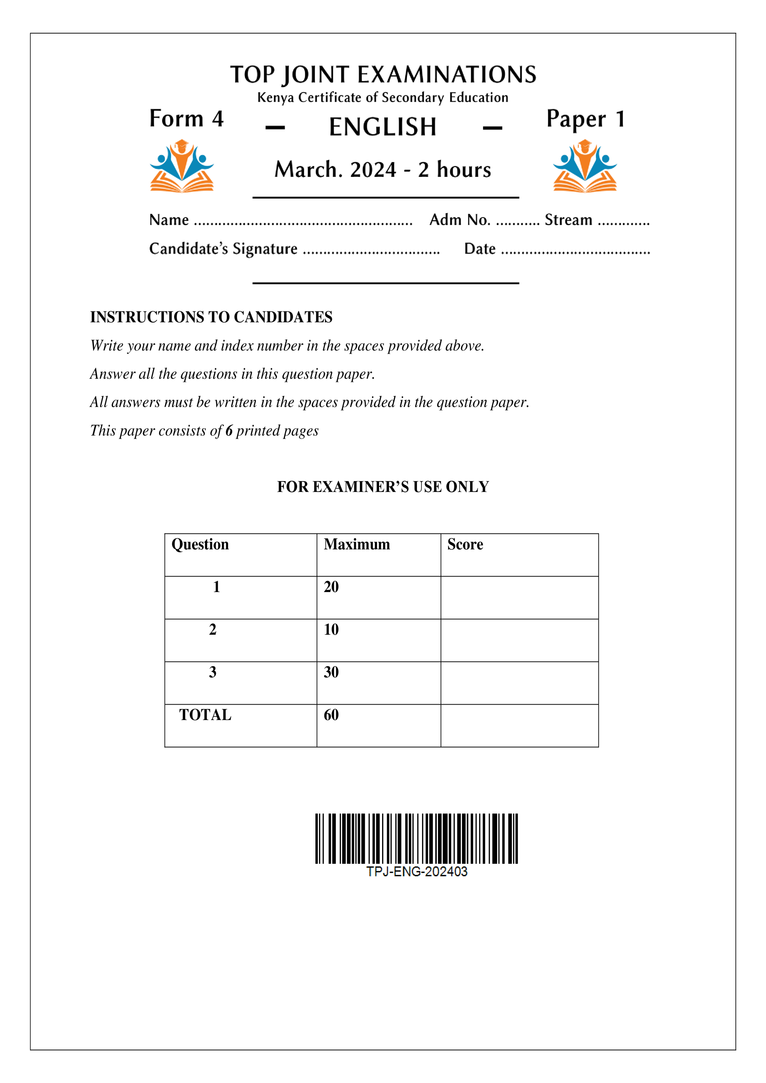 ENGLISH FORM 4 PAPER 1 END TERM 1 2024