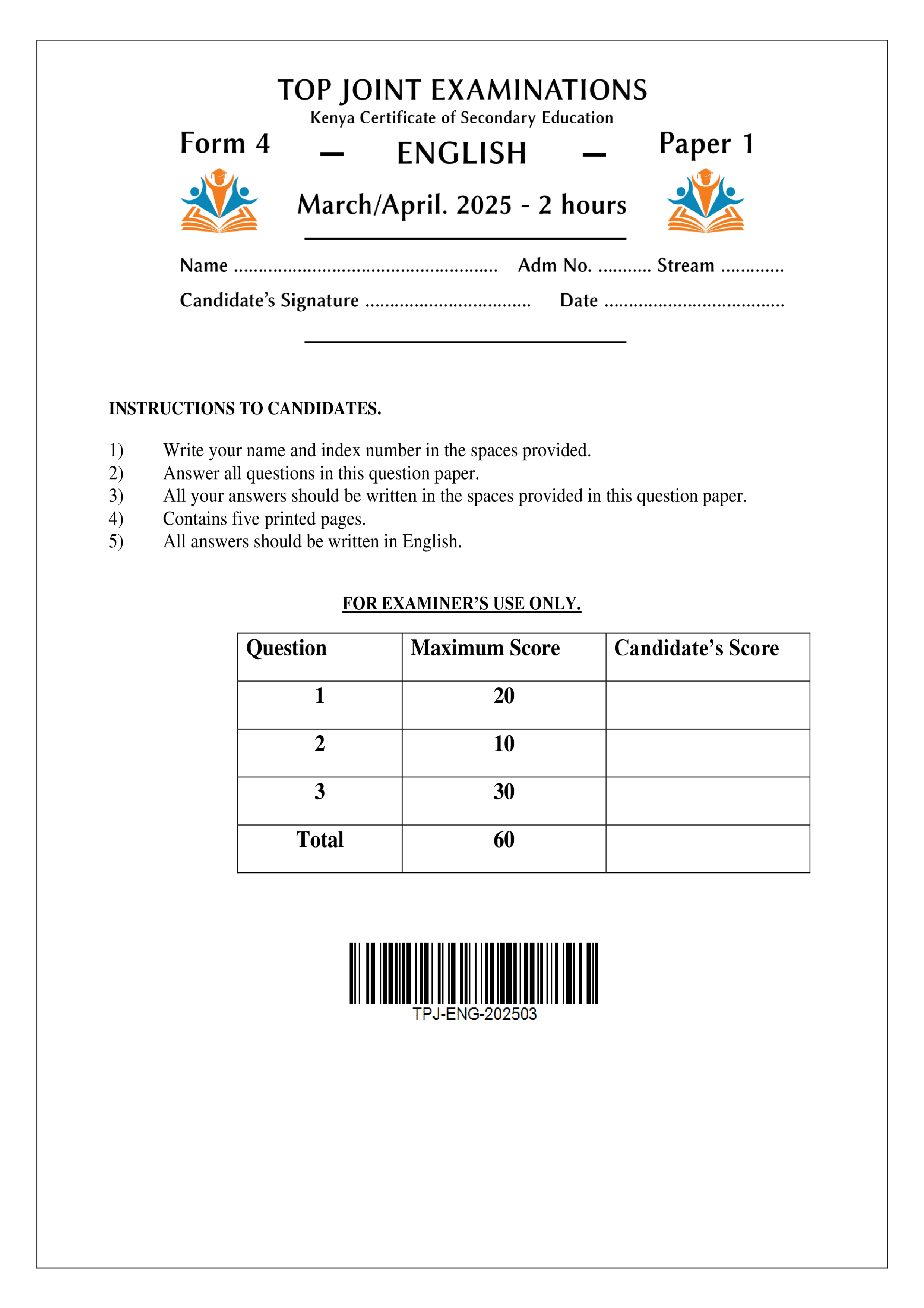 ENGLISH FORM 4 PAPER 1 END TERM 1 2025