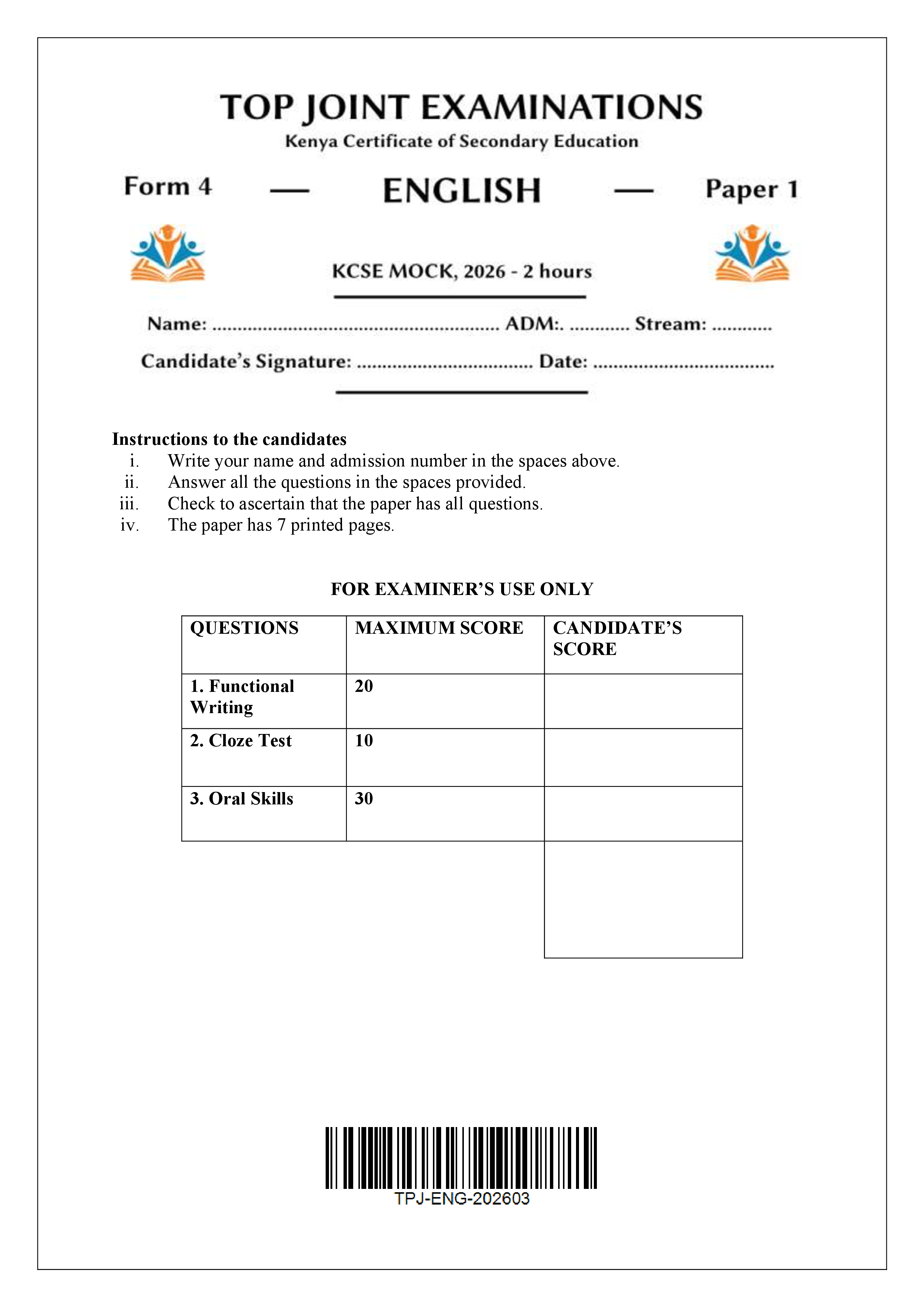 ENGLISH FORM 4 PAPER 1 END TERM 1 2026