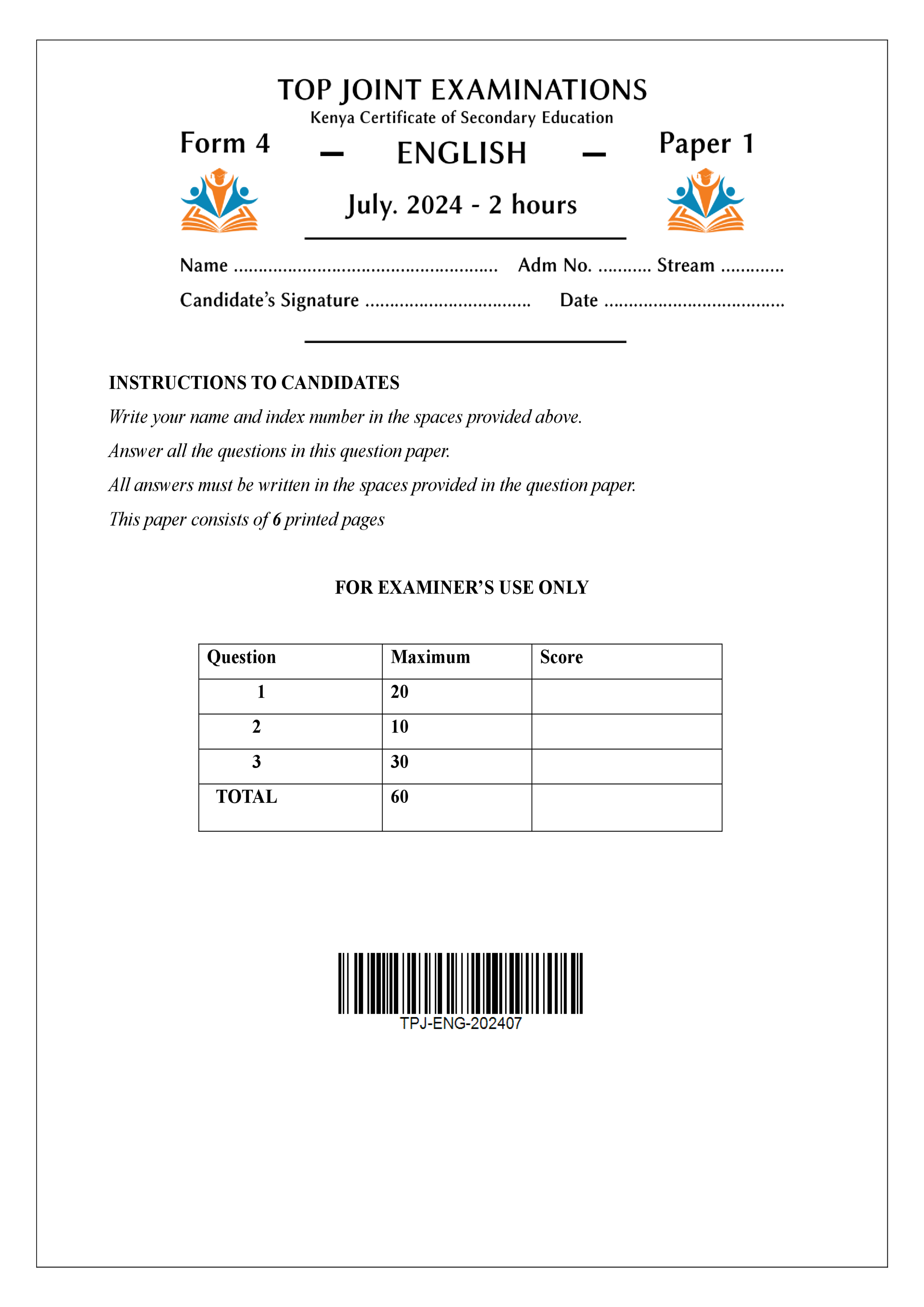 ENGLISH FORM 4 PAPER 1 KCSE MOCK 2024