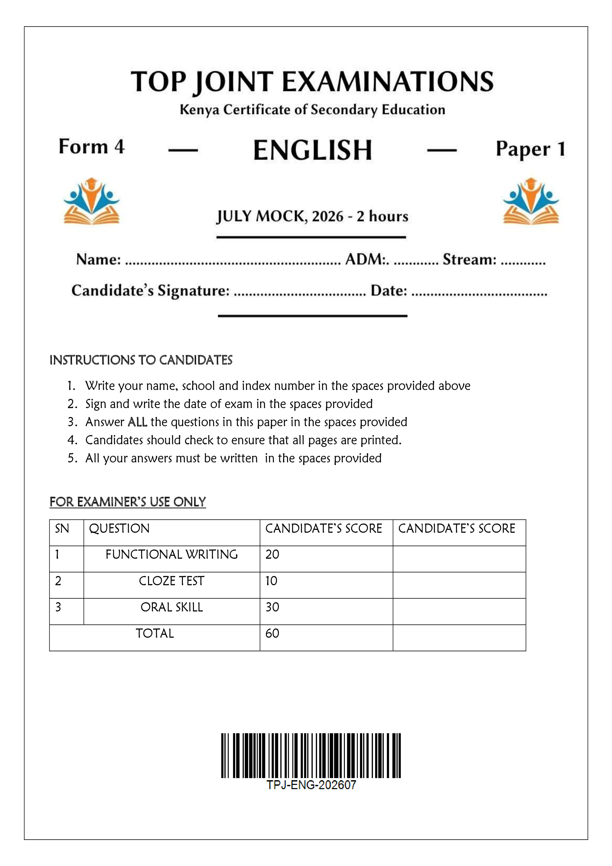 ENGLISH FORM 4 PAPER 1 END TERM 2 2026