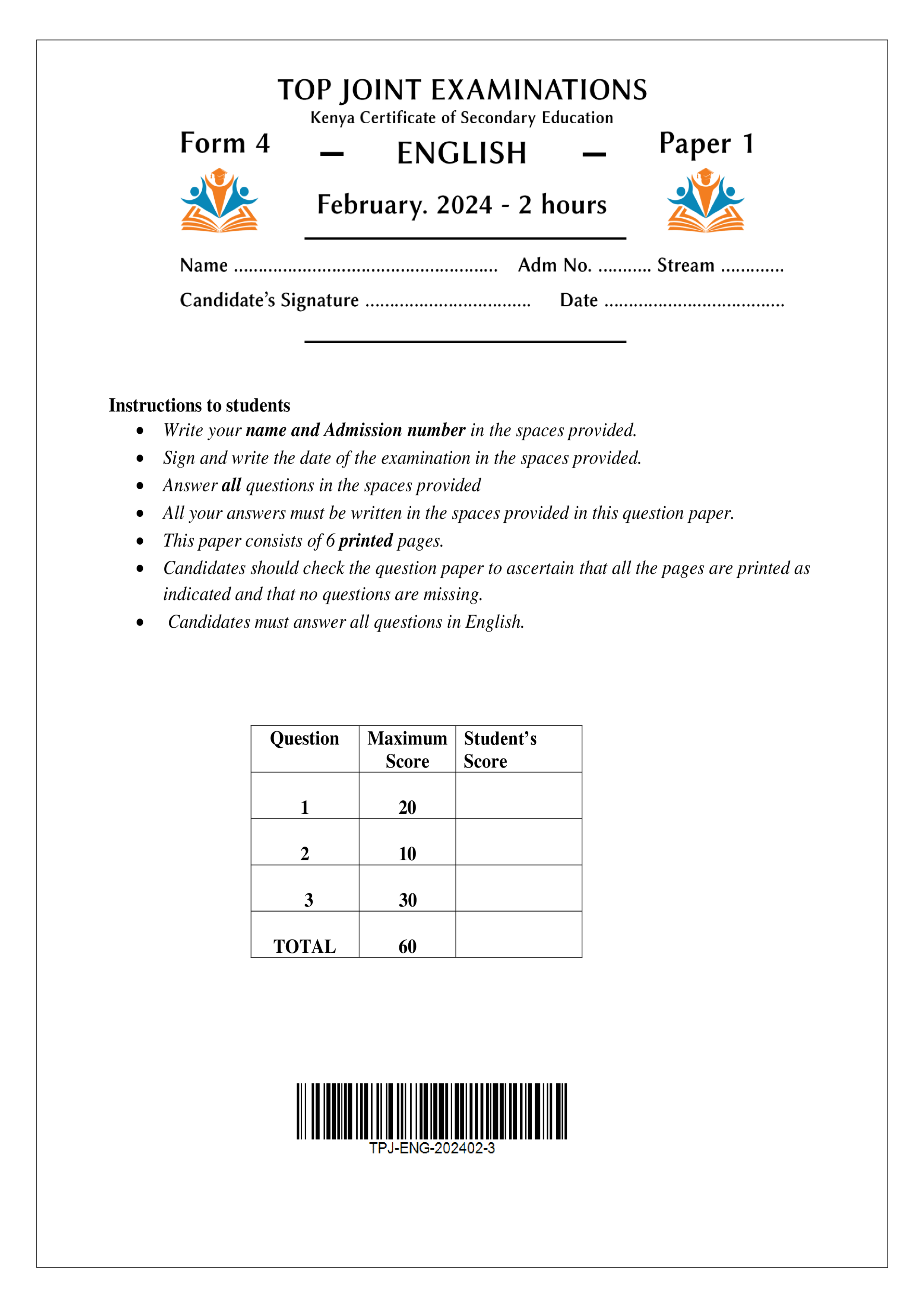 ENGLISH FORM 4 PAPER 1 MID TERM 1 2024