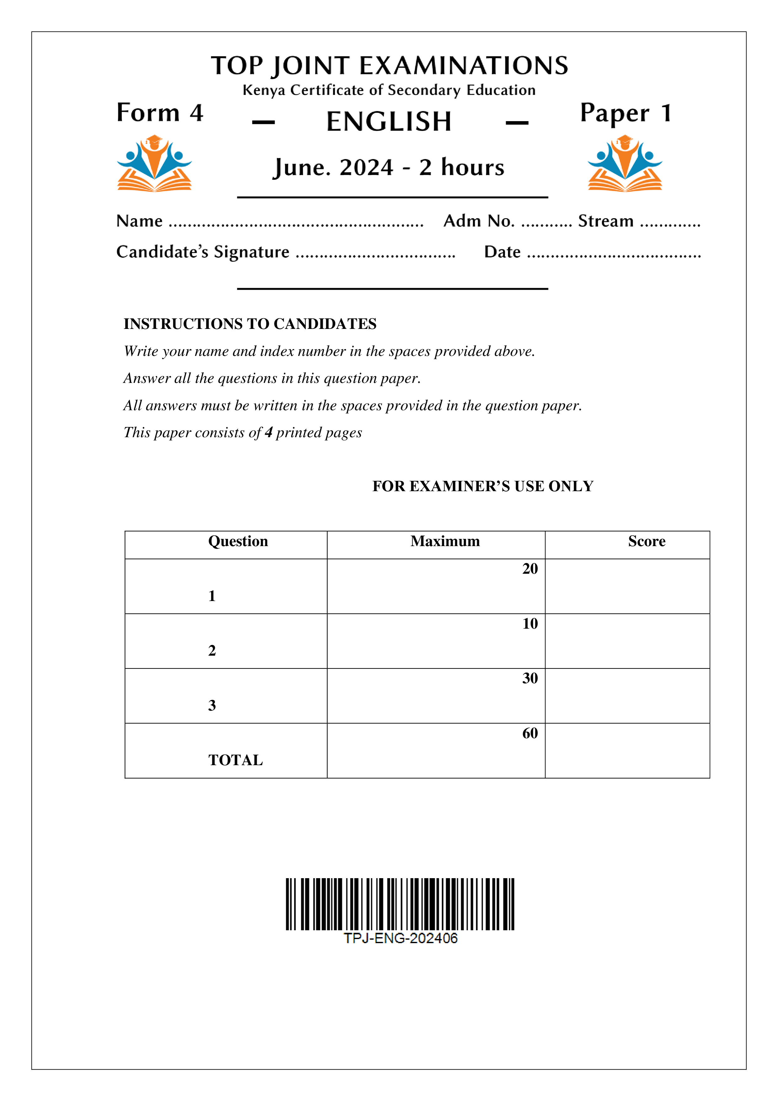 ENGLISH FORM 4 PAPER 1 MID TERM 2 2024