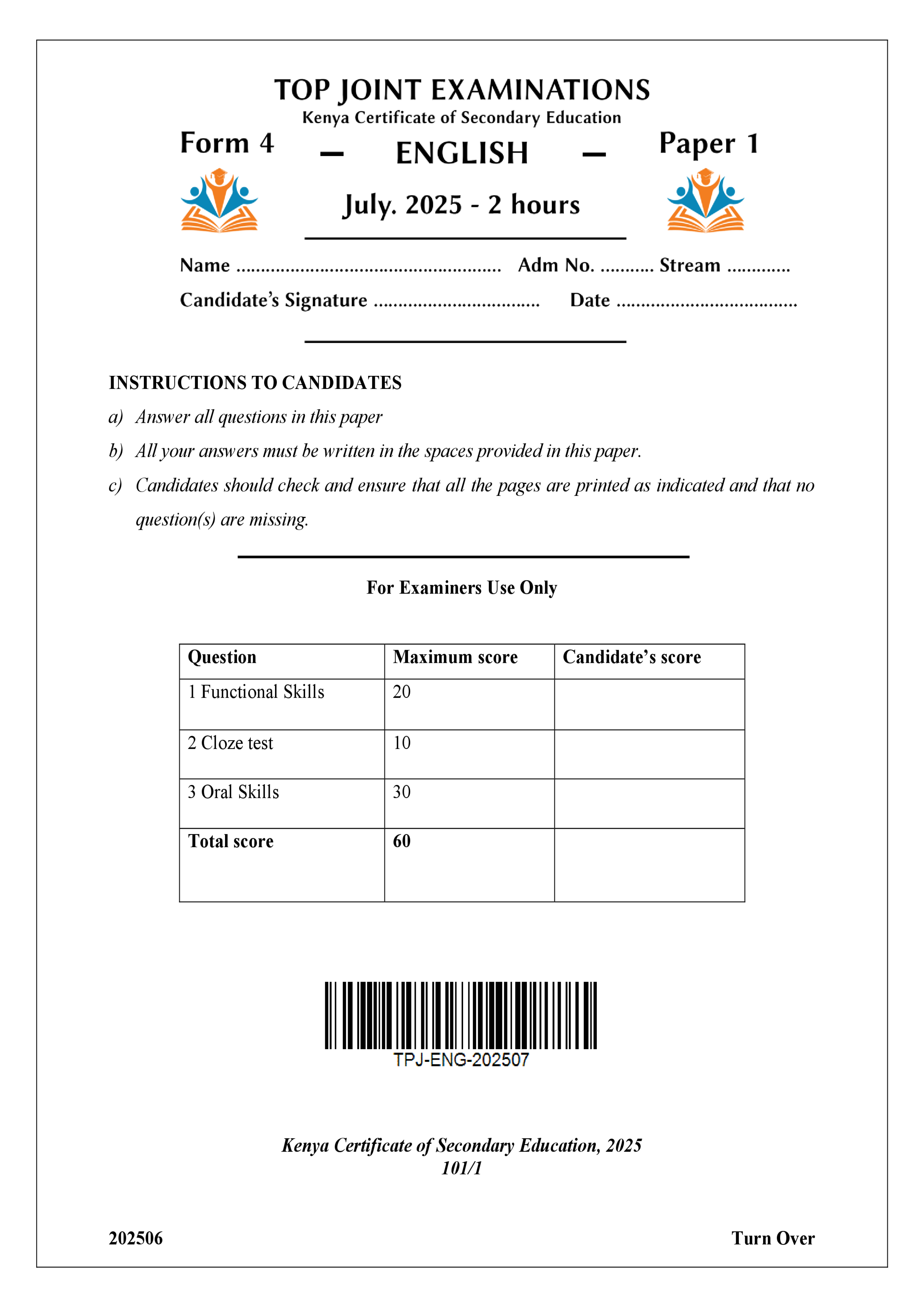 ENGLISH FORM 4 PAPER 1 KCSE MOCK 2025