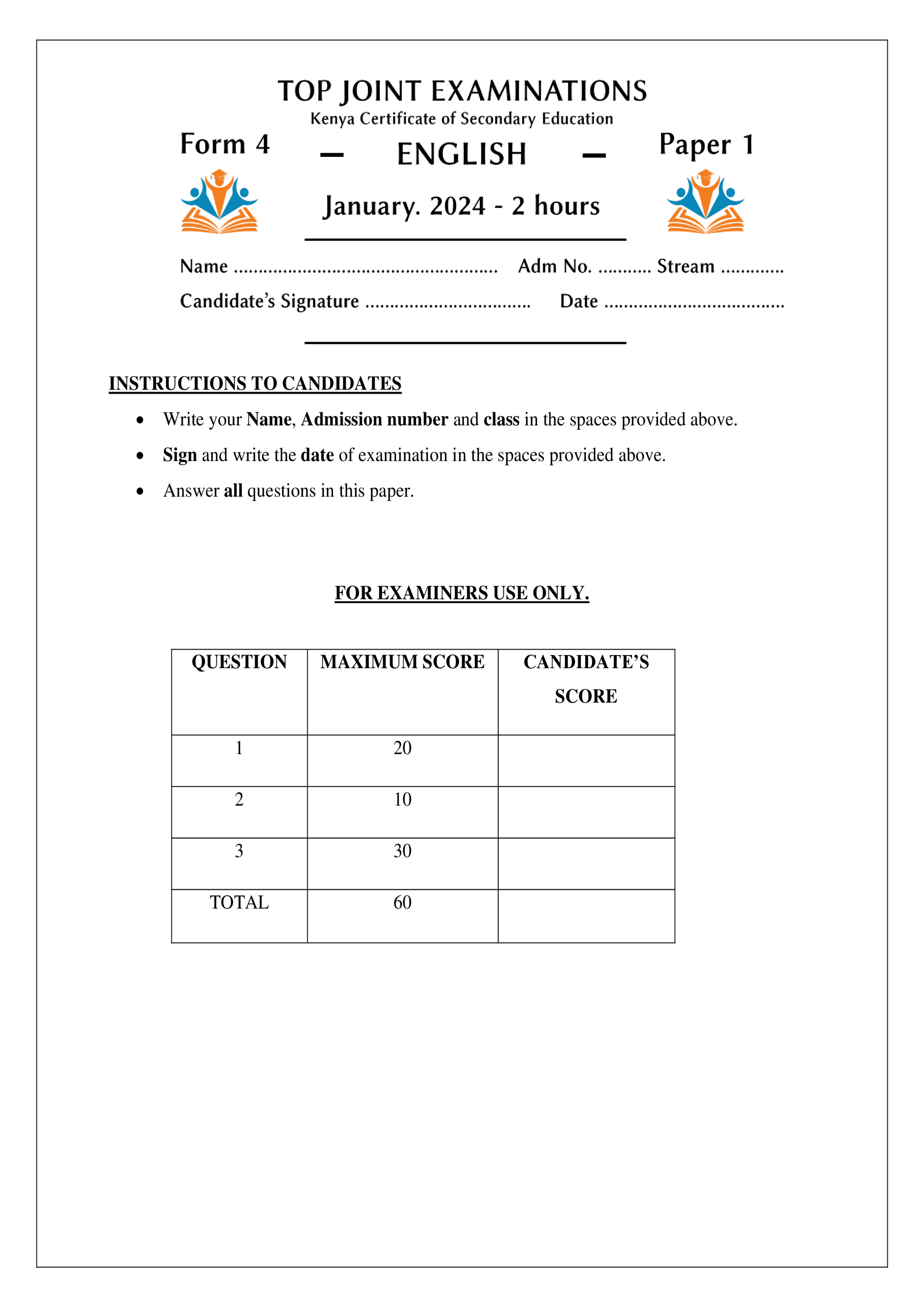 ENGLISH FORM 4 PAPER 1 OPENER TERM 1 2024