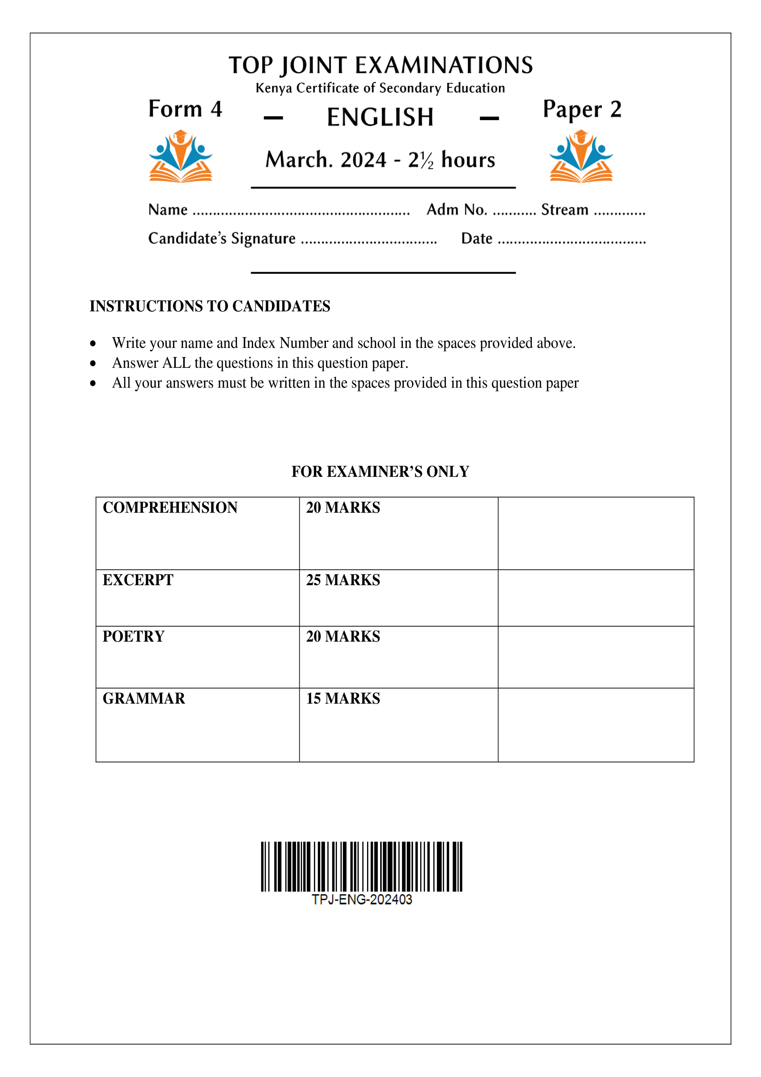 ENGLISH FORM 4 PAPER 2 END TERM 1 2024