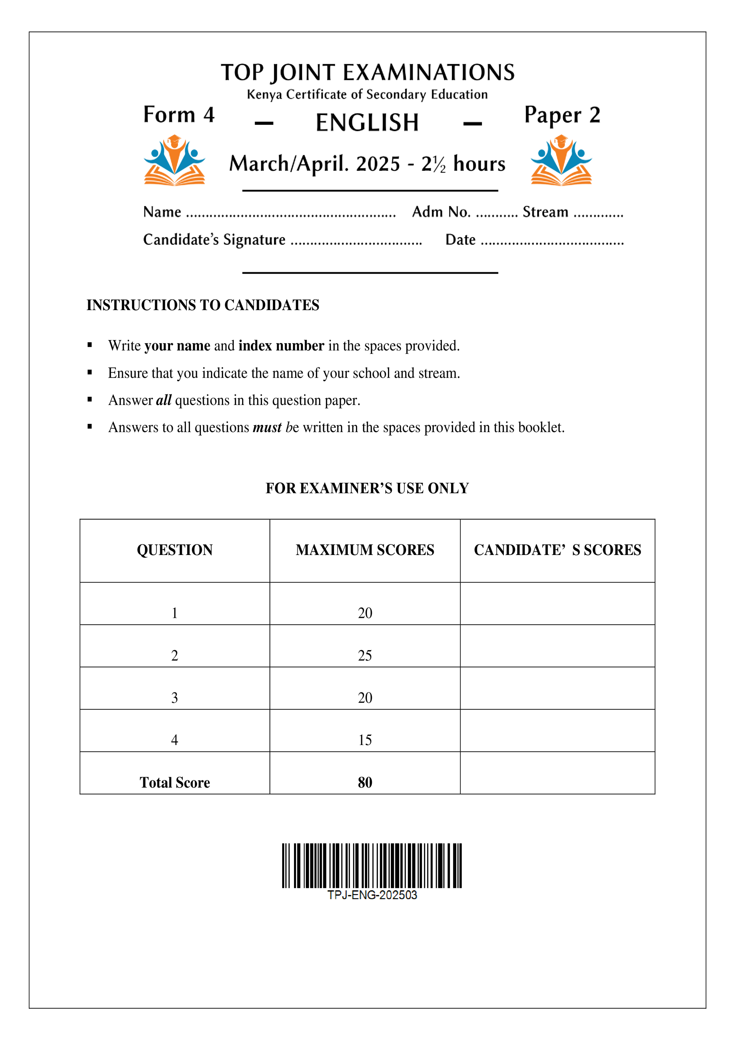 ENGLISH FORM 4 PAPER 2 END TERM 1 2025