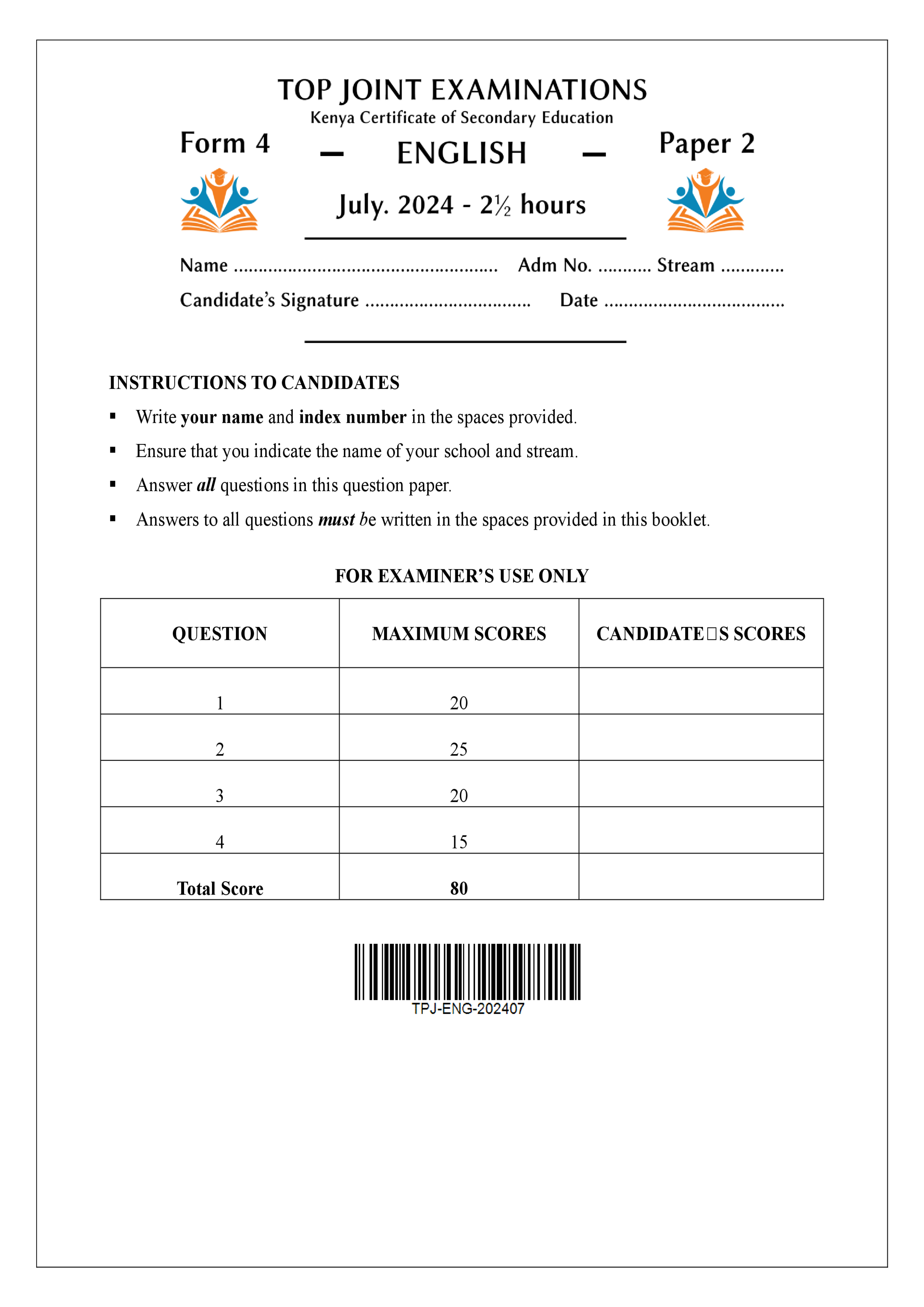 ENGLISH FORM 4 PAPER 2 KCSE MOCK 2024
