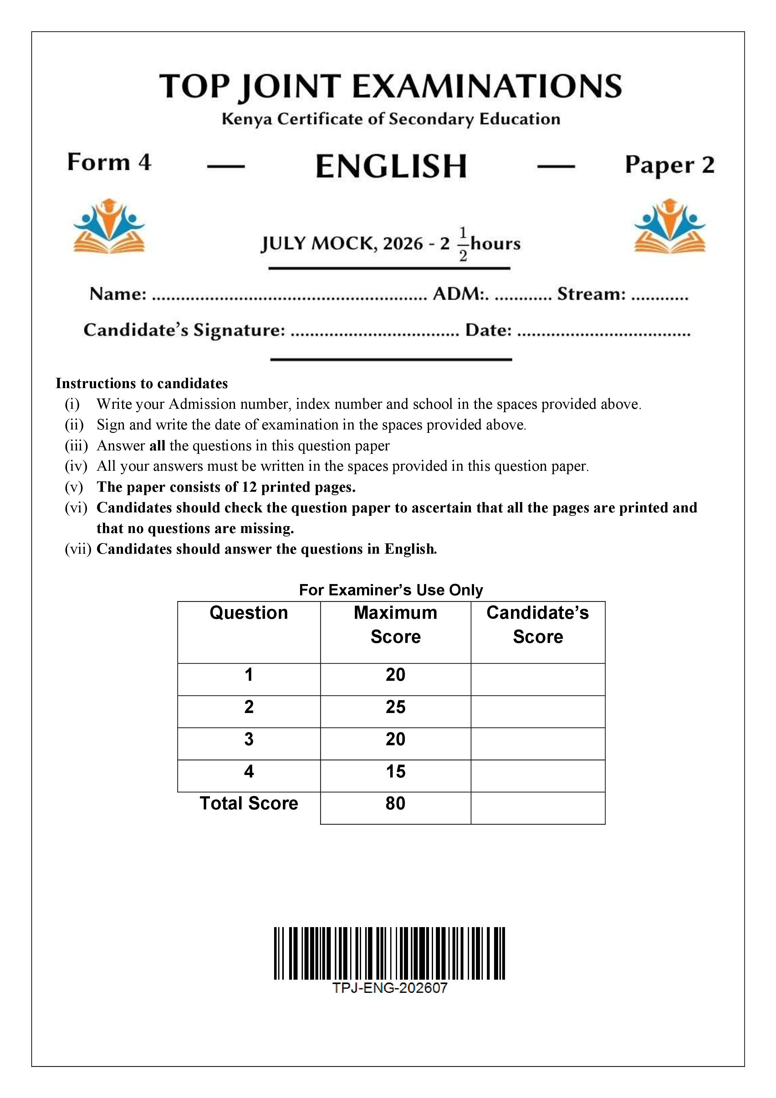 ENGLISH FORM 4 PAPER 2 END TERM 2 2026