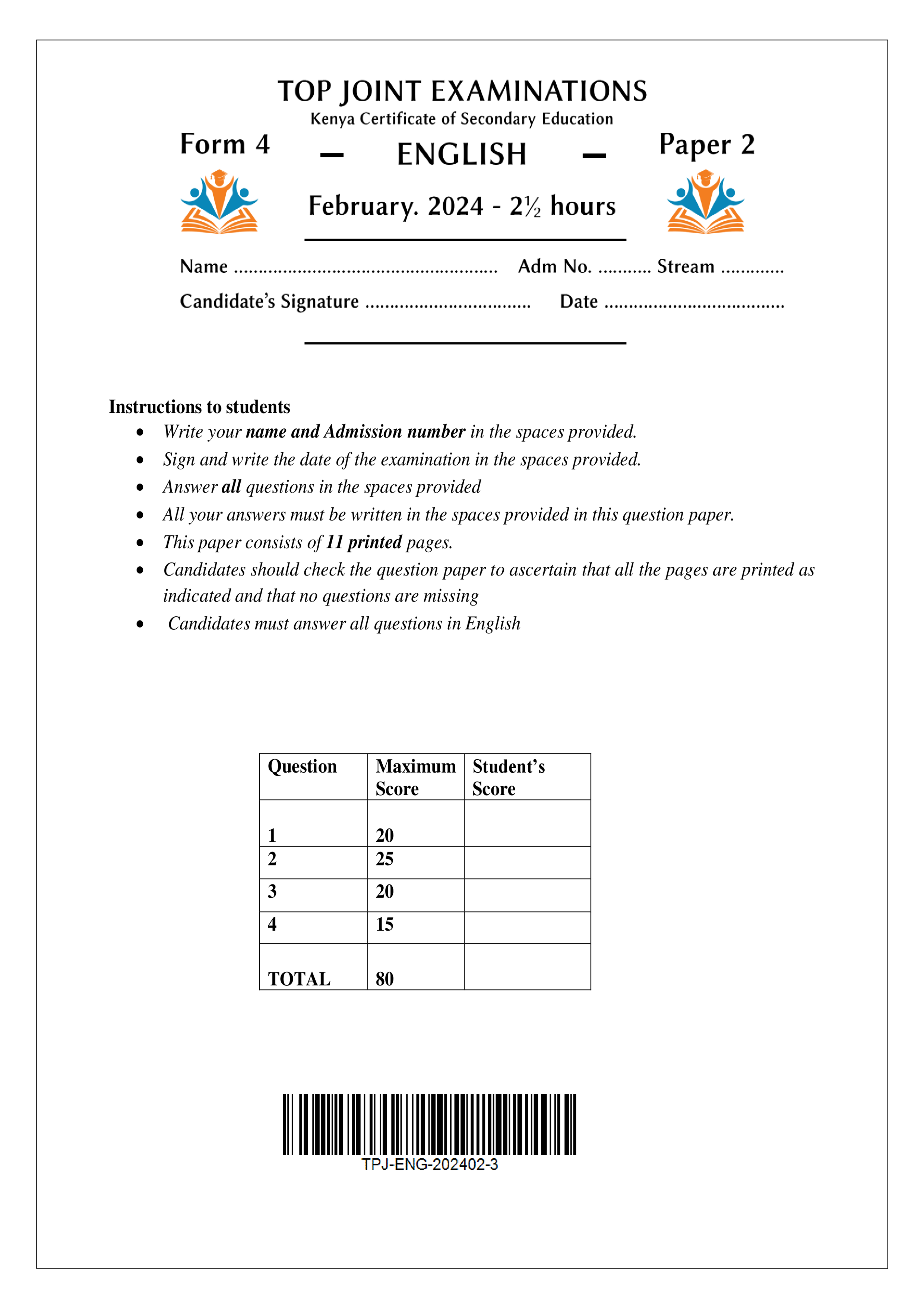 ENGLISH FORM 4 PAPER 2 MID TERM 1 2024