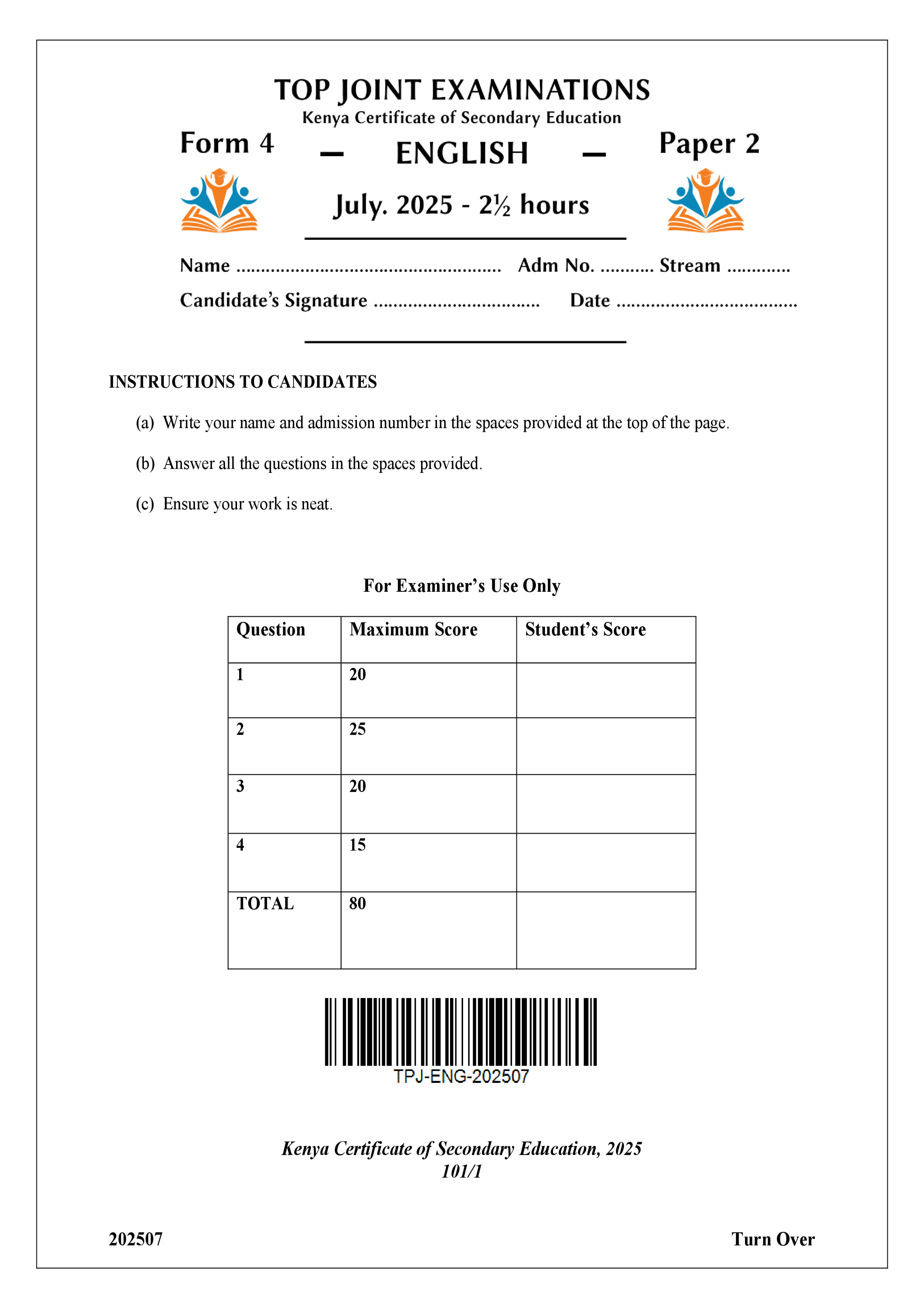 ENGLISH FORM 4 PAPER 2 KCSE MOCK 2025