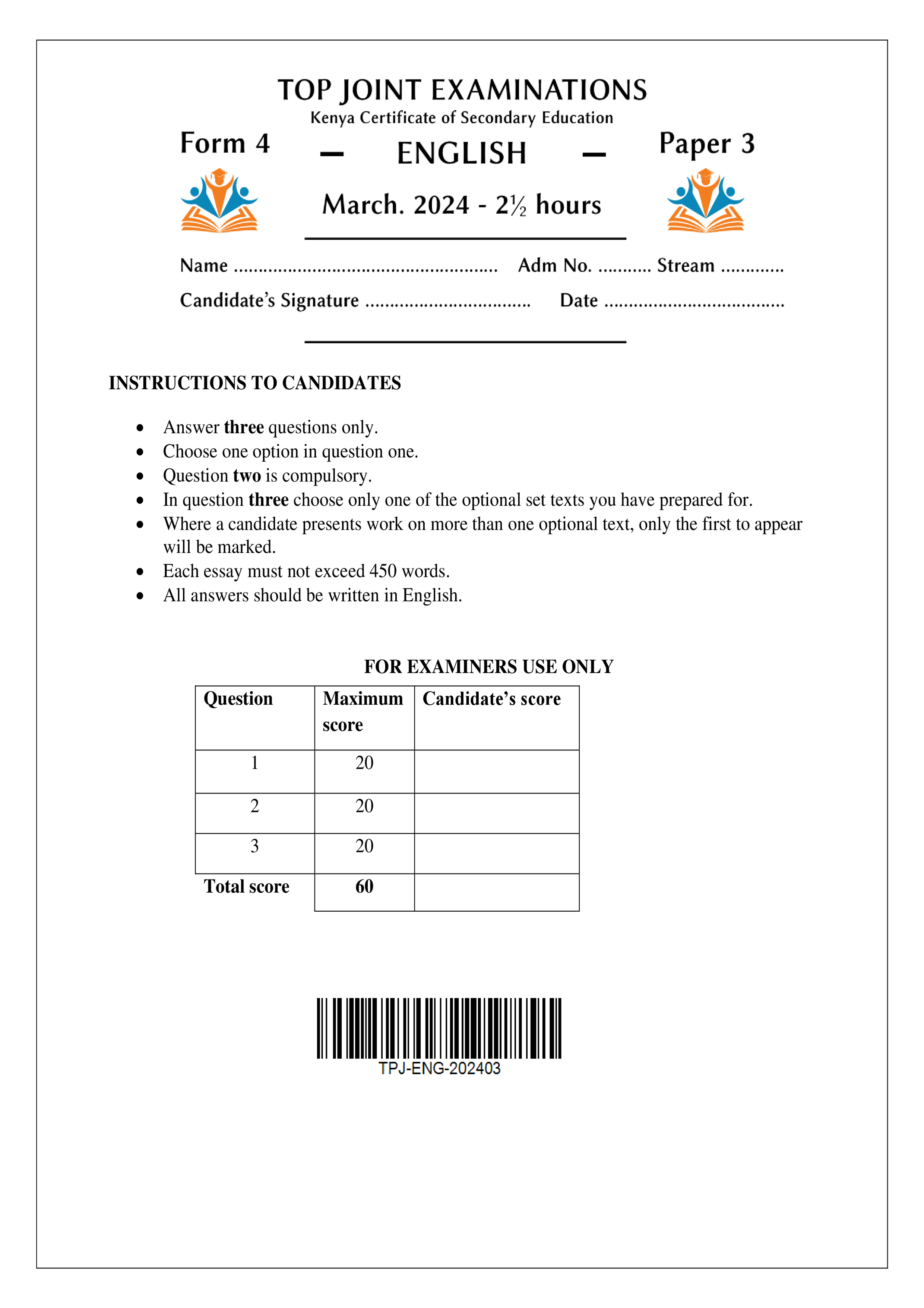 ENGLISH FORM 4 PAPER 3 END TERM 1 2024