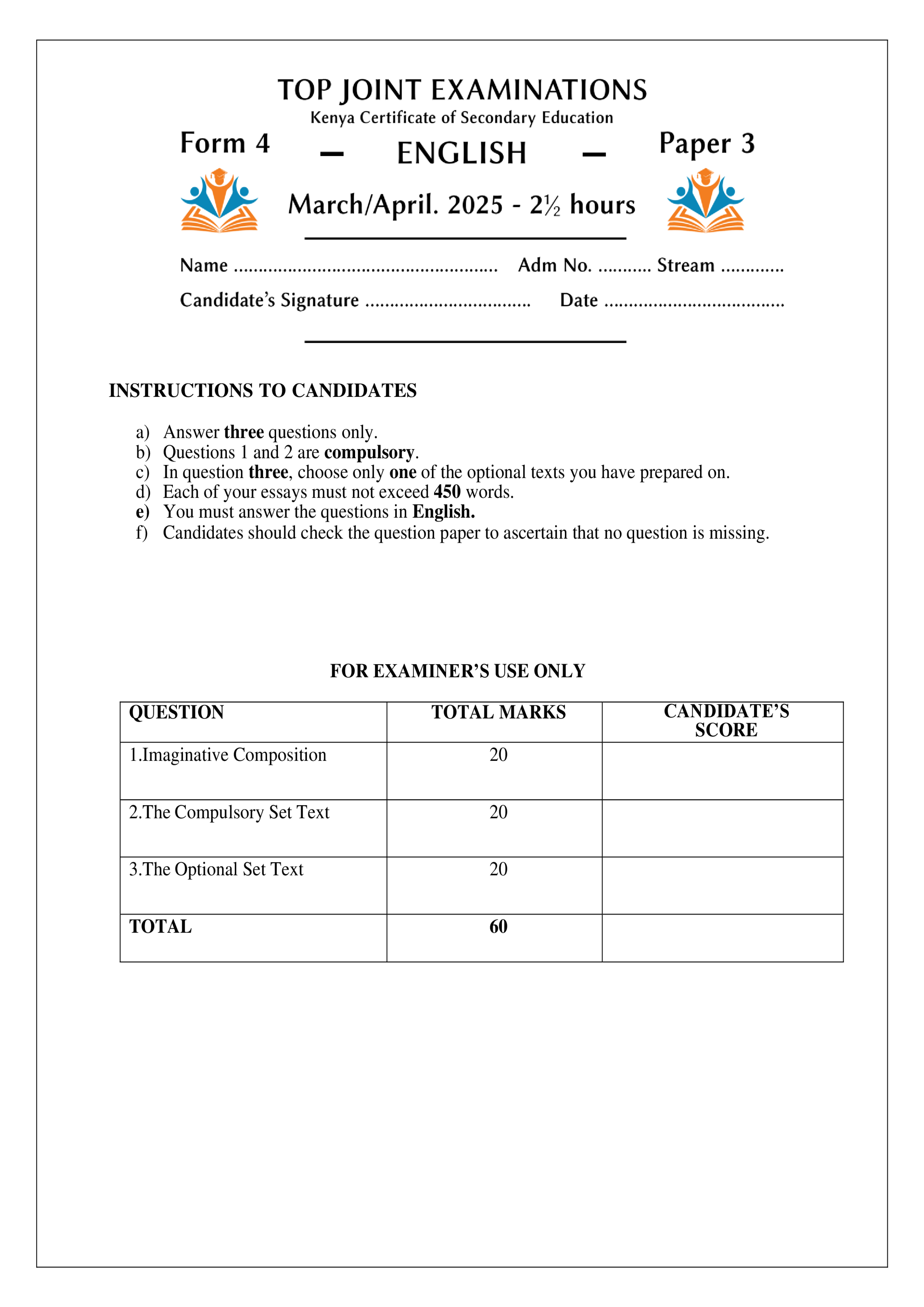 ENGLISH FORM 4 PAPER 3 END TERM 1 2025