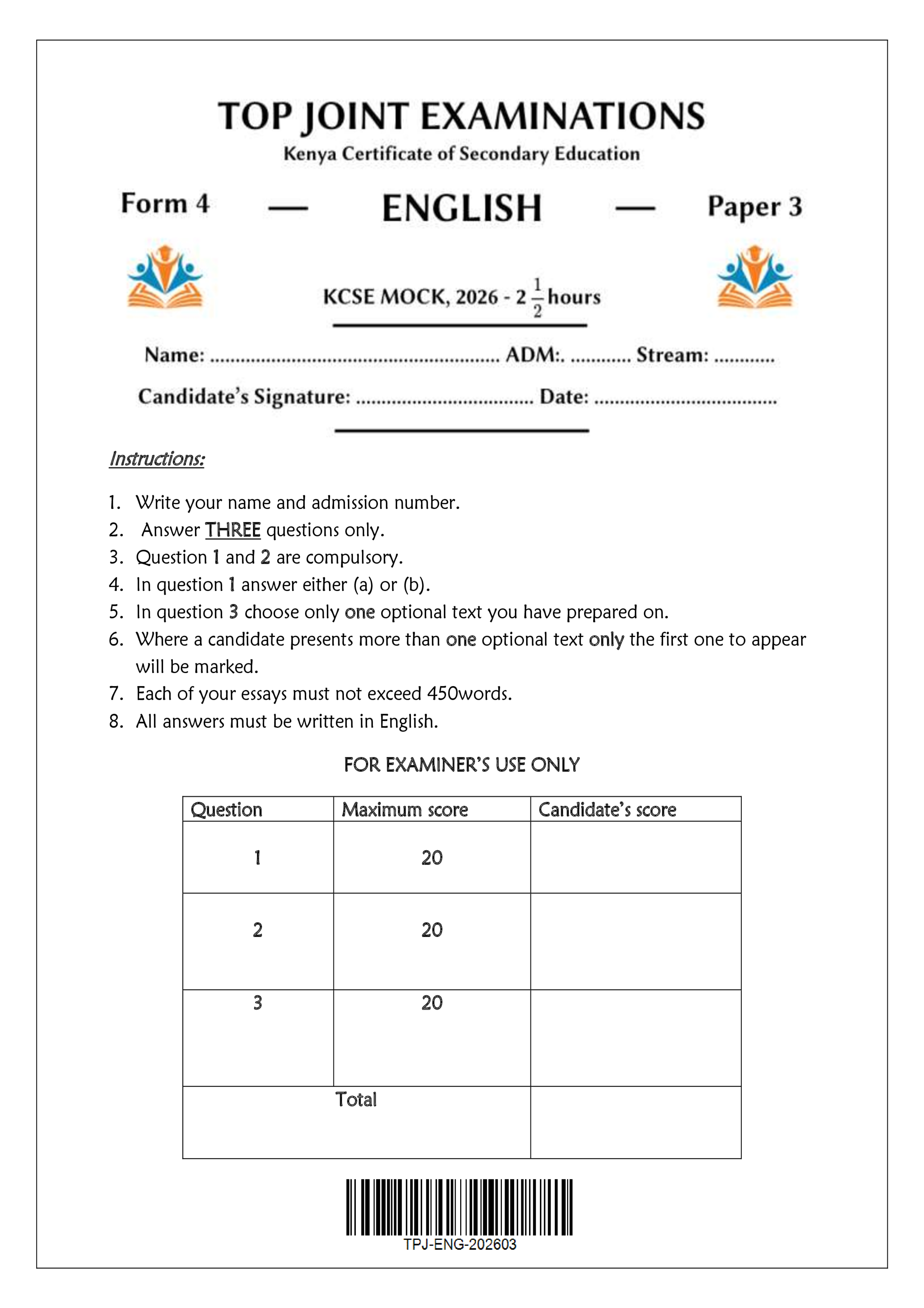ENGLISH FORM 4 PAPER 3 END TERM 1 2026