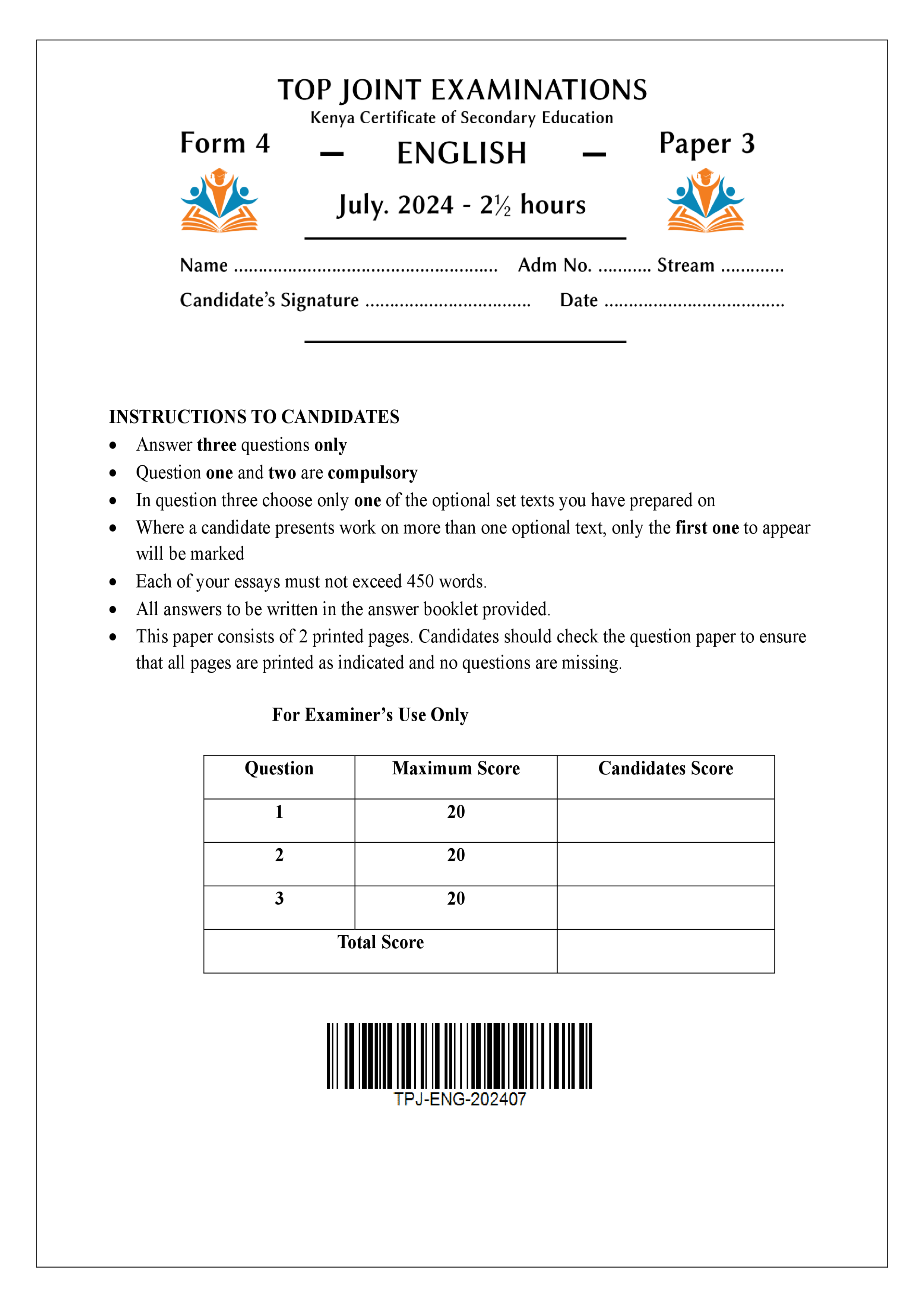 ENGLISH FORM 4 PAPER 3 END TERM 2 2024