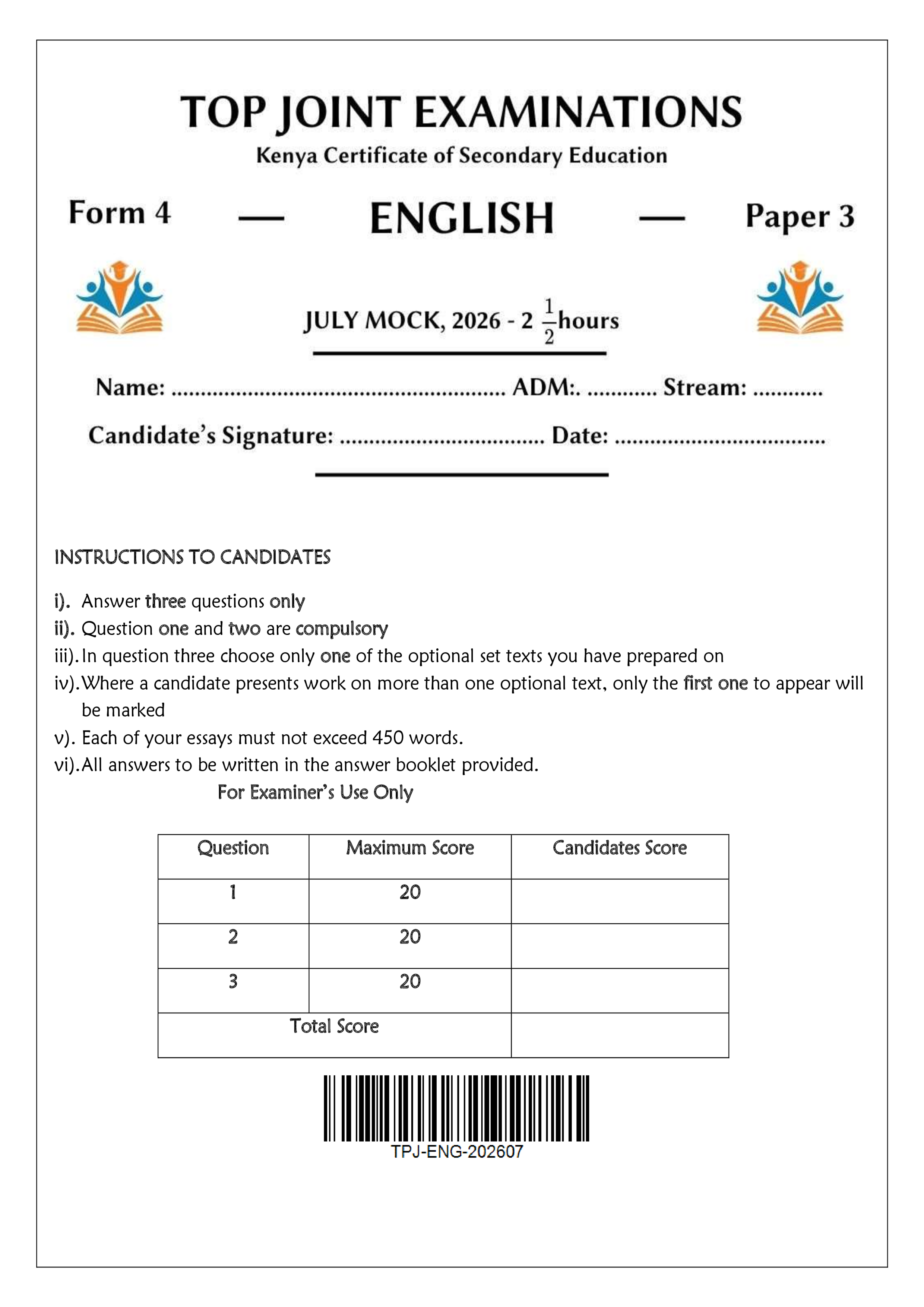 ENGLISH FORM 4 PAPER 3 END TERM 2 2026
