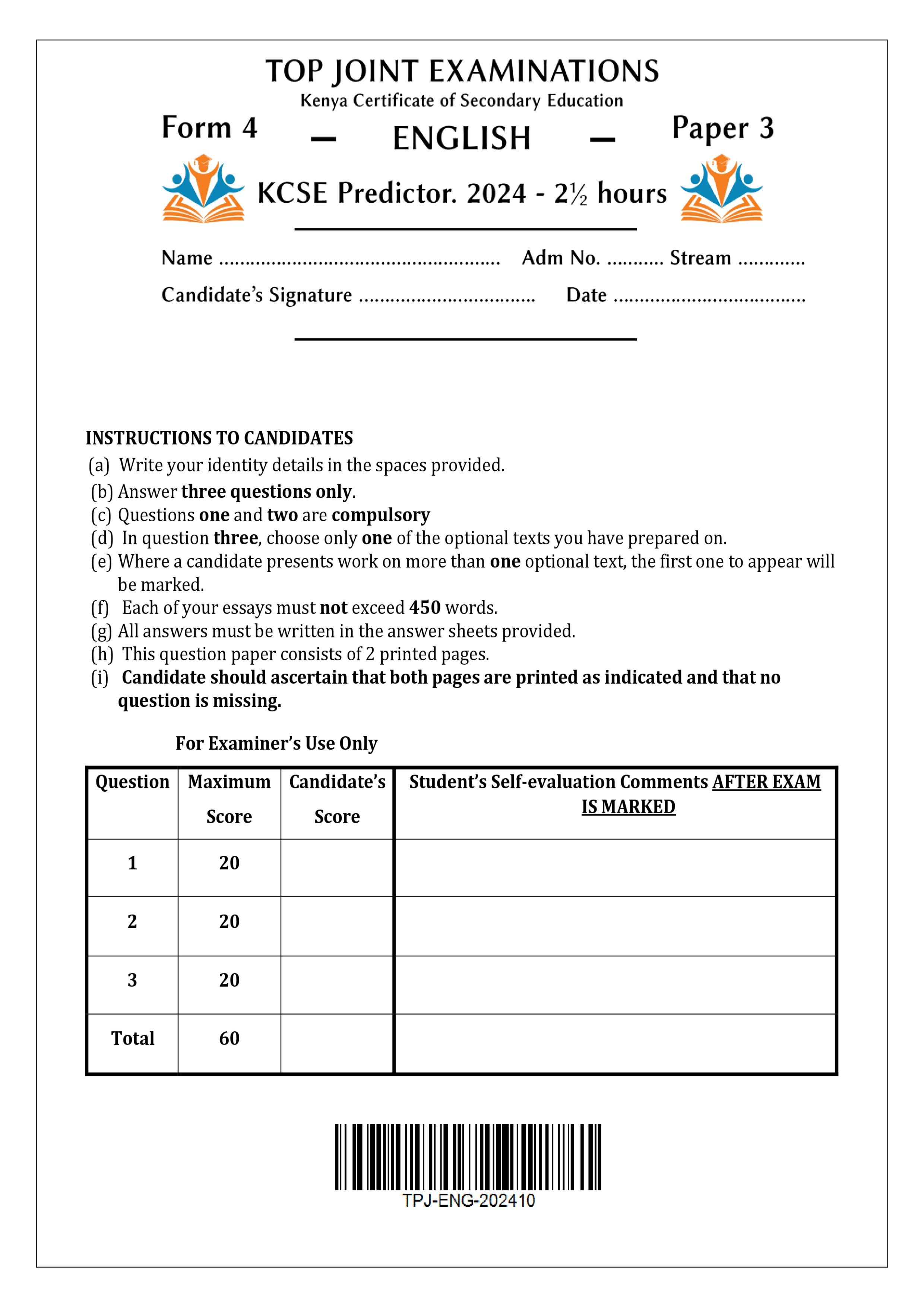 ENGLISH FORM 4 PAPER 3 KCSE PREDICTOR 2024