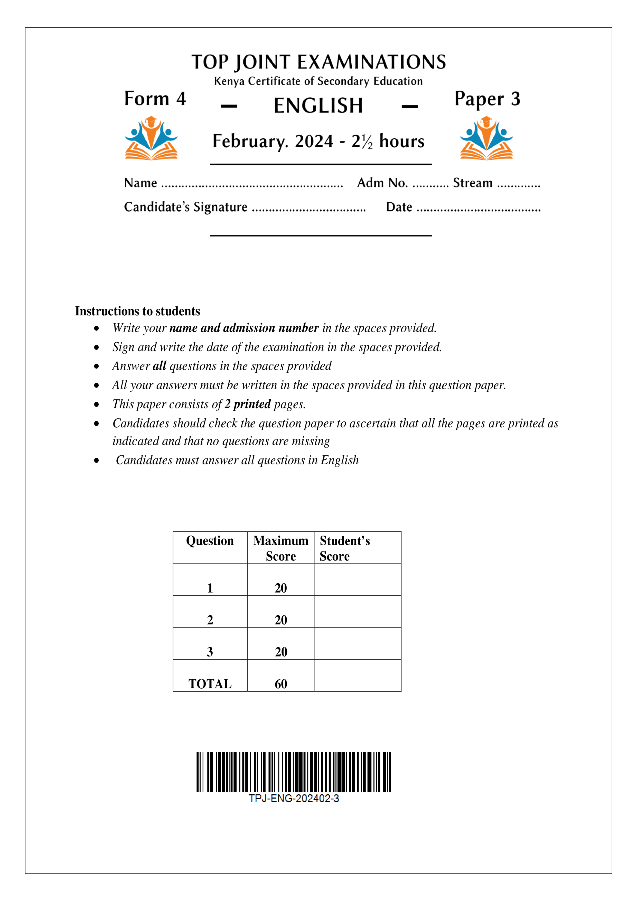 ENGLISH FORM 4 PAPER 3 MID TERM 1 2024
