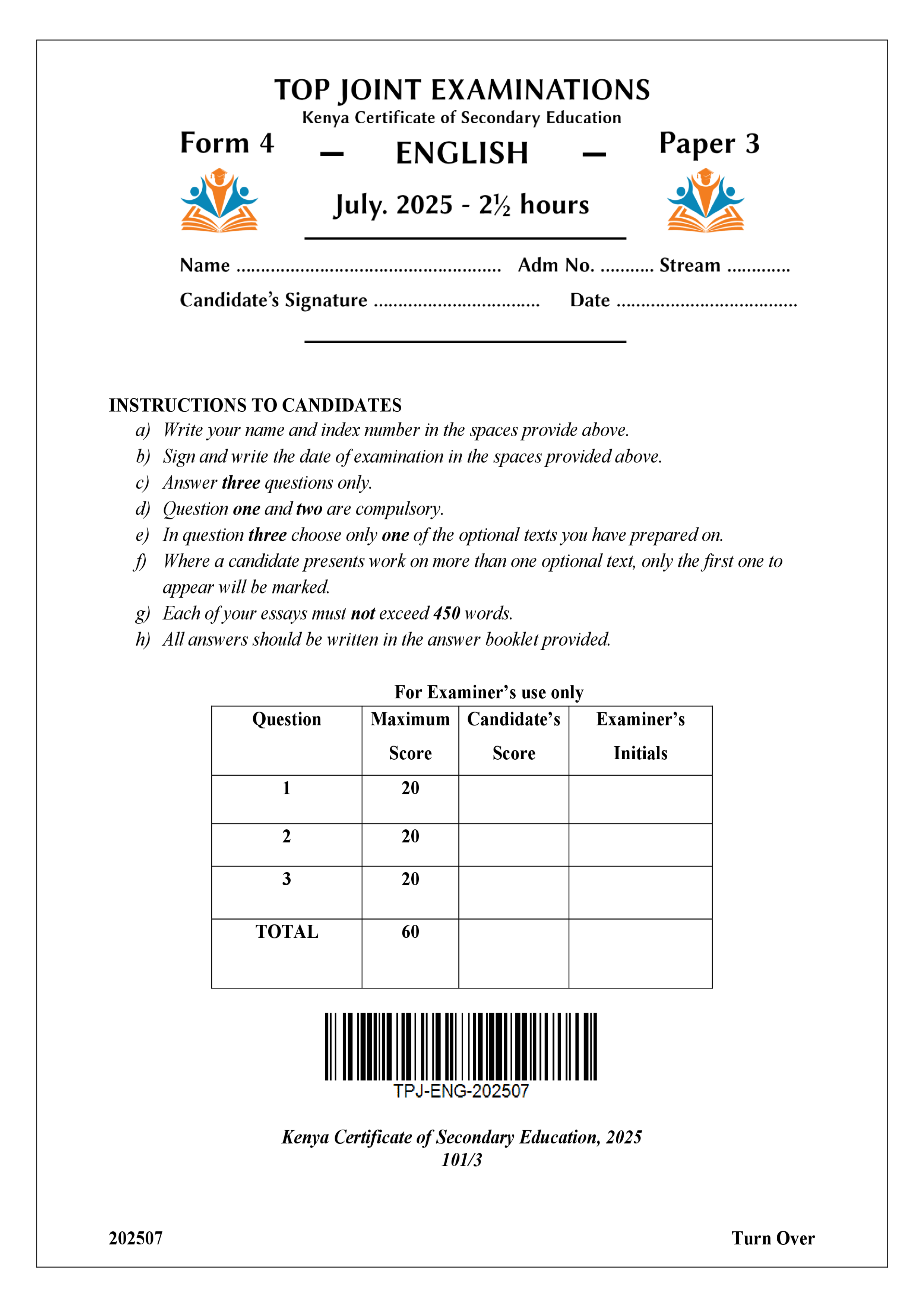 ENGLISH FORM 4 PAPER 3 KCSE MOCK 2025
