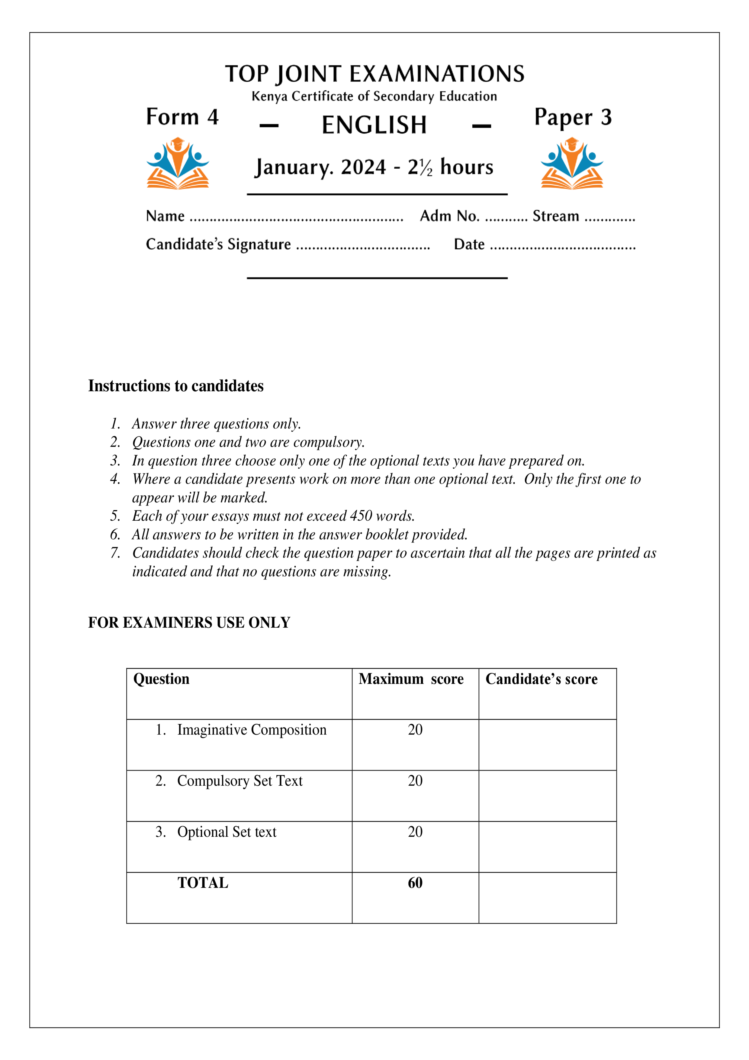ENGLISH FORM 4 PAPER 3 OPENER TERM 1 2024