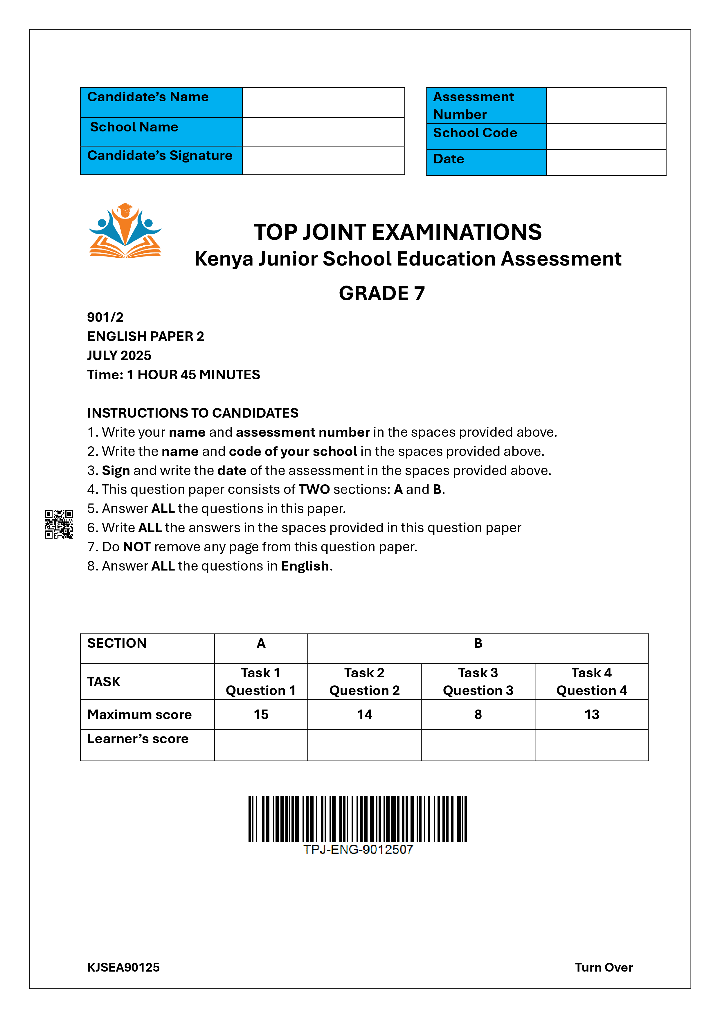 ENGLISH GRADE 7 PAPER 2 END TERM 2 2025