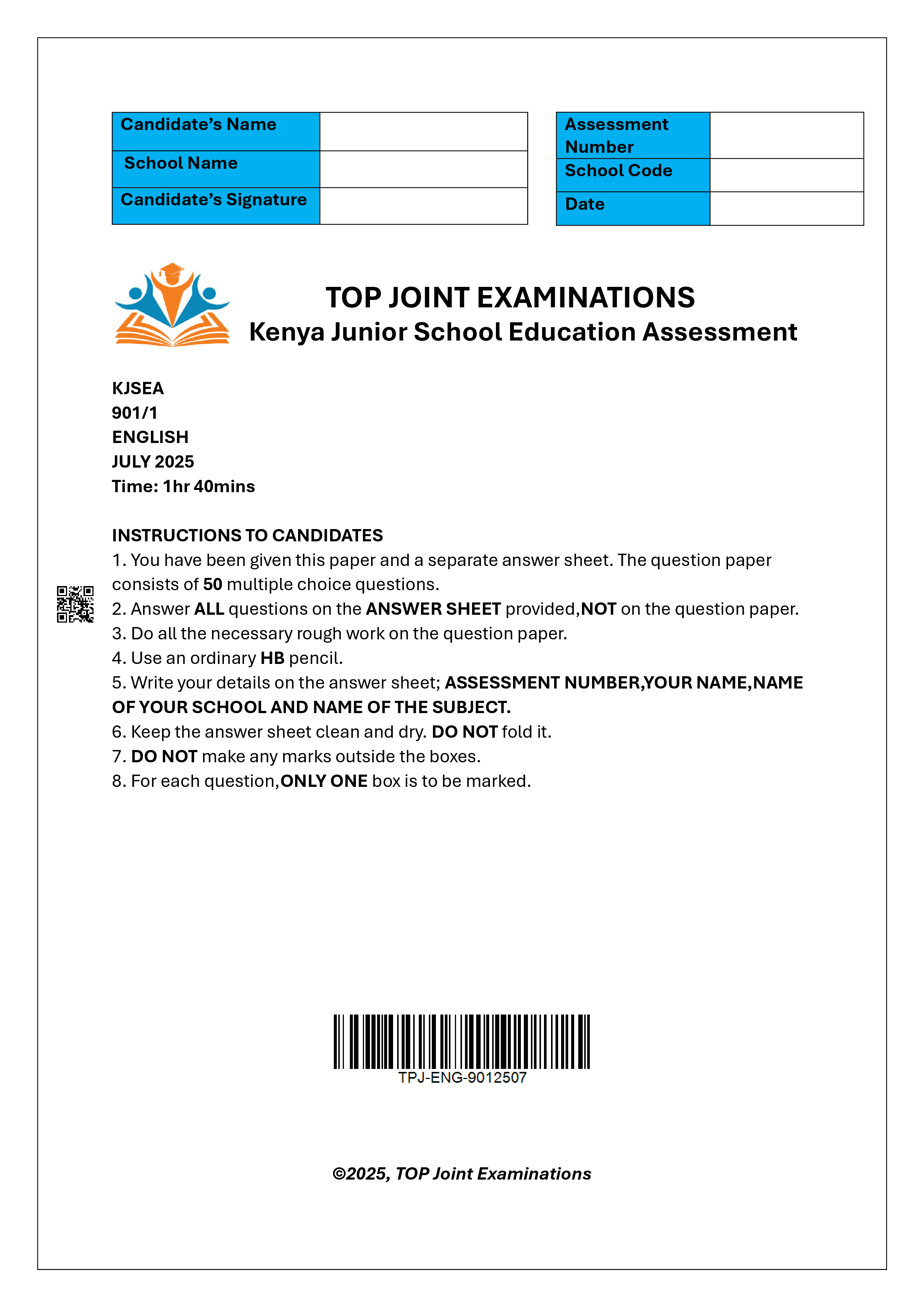 ENGLISH GRADE 9 PAPER 1 END TERM 2 2025