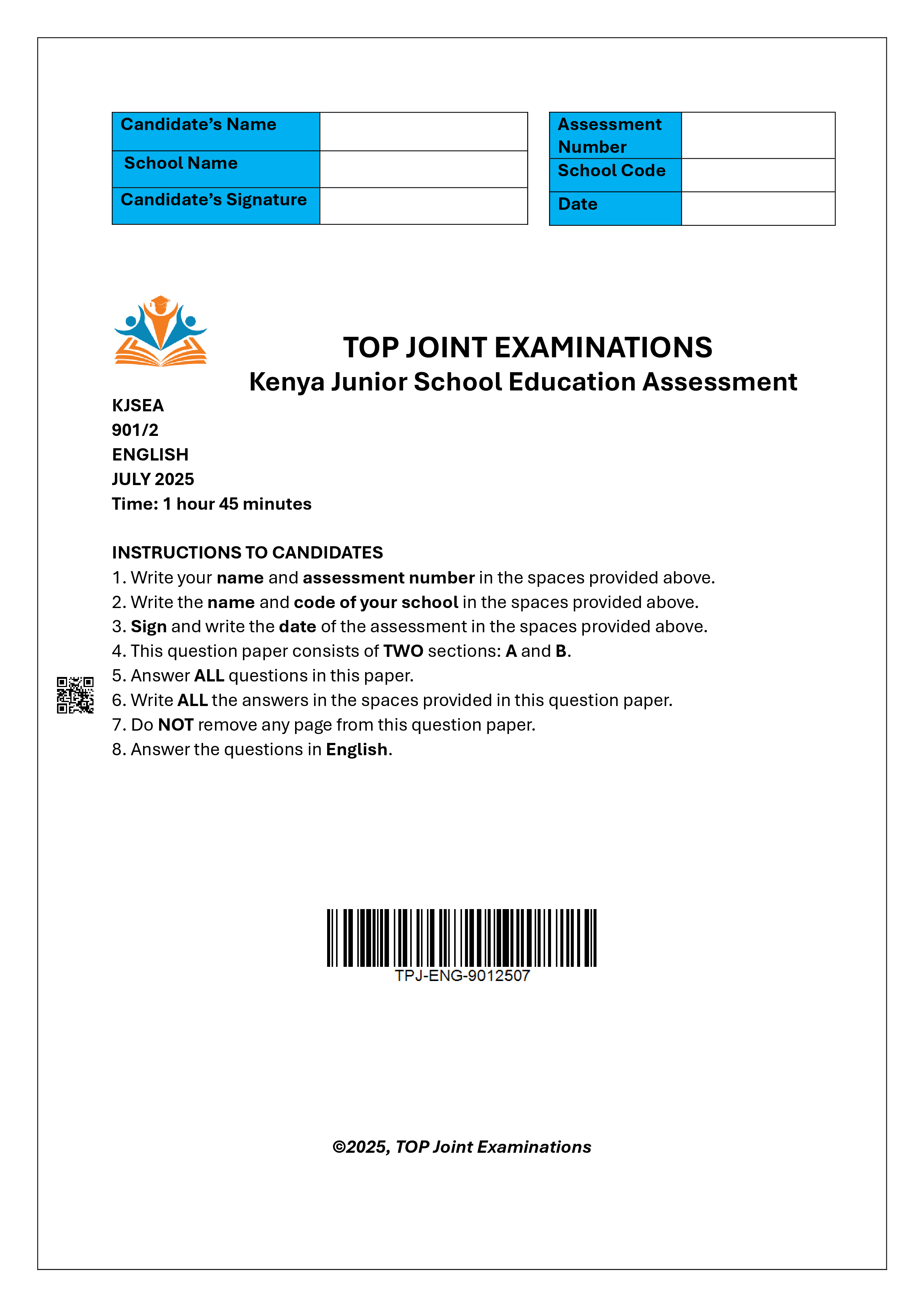 ENGLISH GRADE 9 PAPER 2 END TERM 2 2025