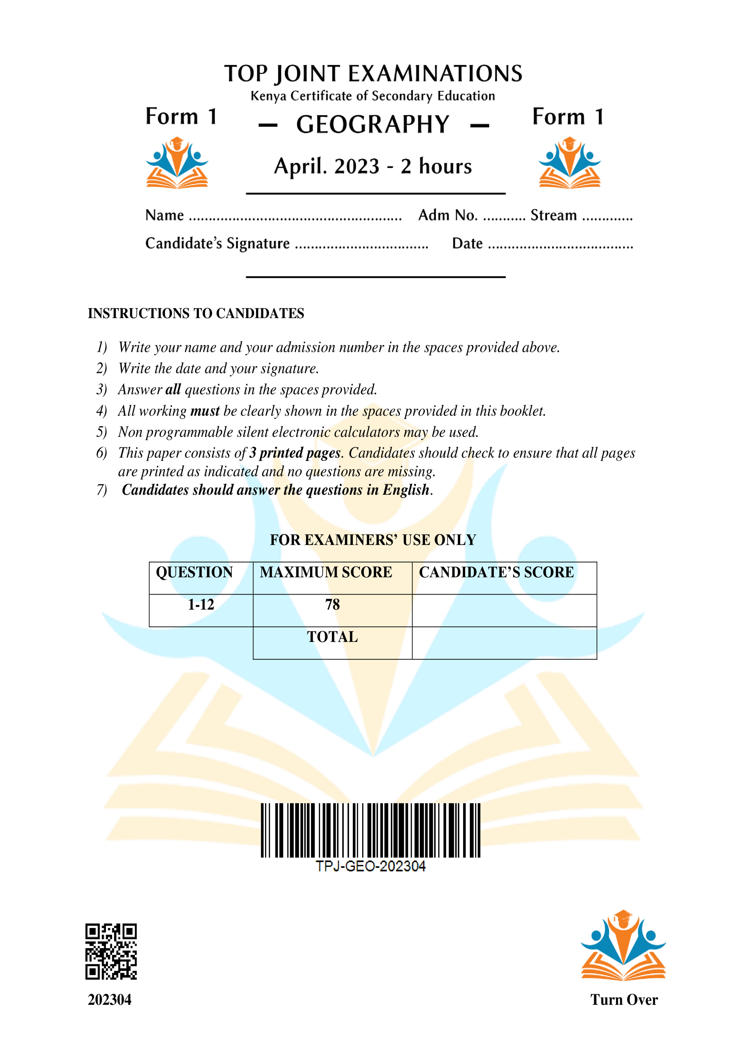 GEOGRAPHY FORM 1 END TERM 1 2023