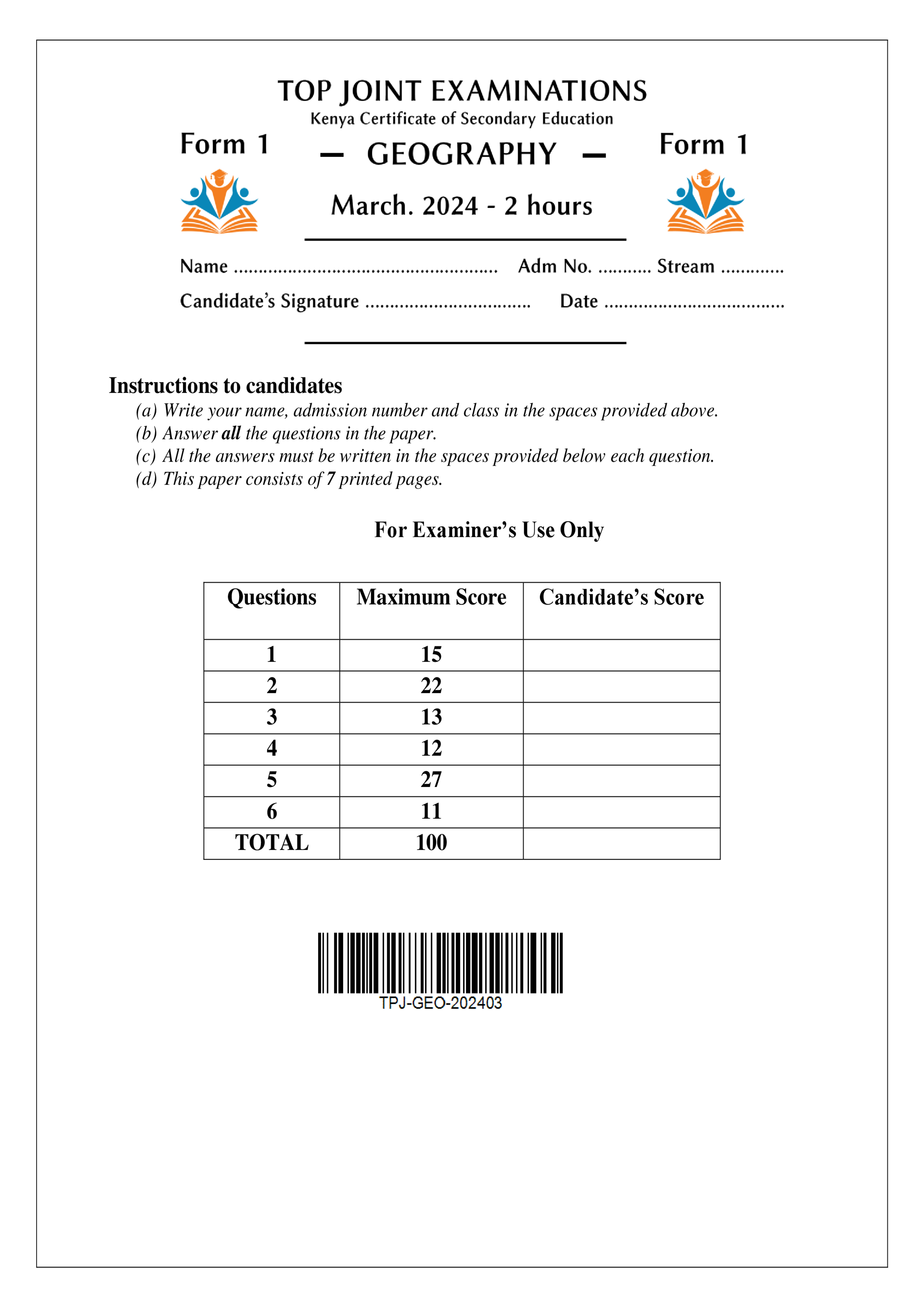 GEOGRAPHY FORM 1 END TERM 1 2024
