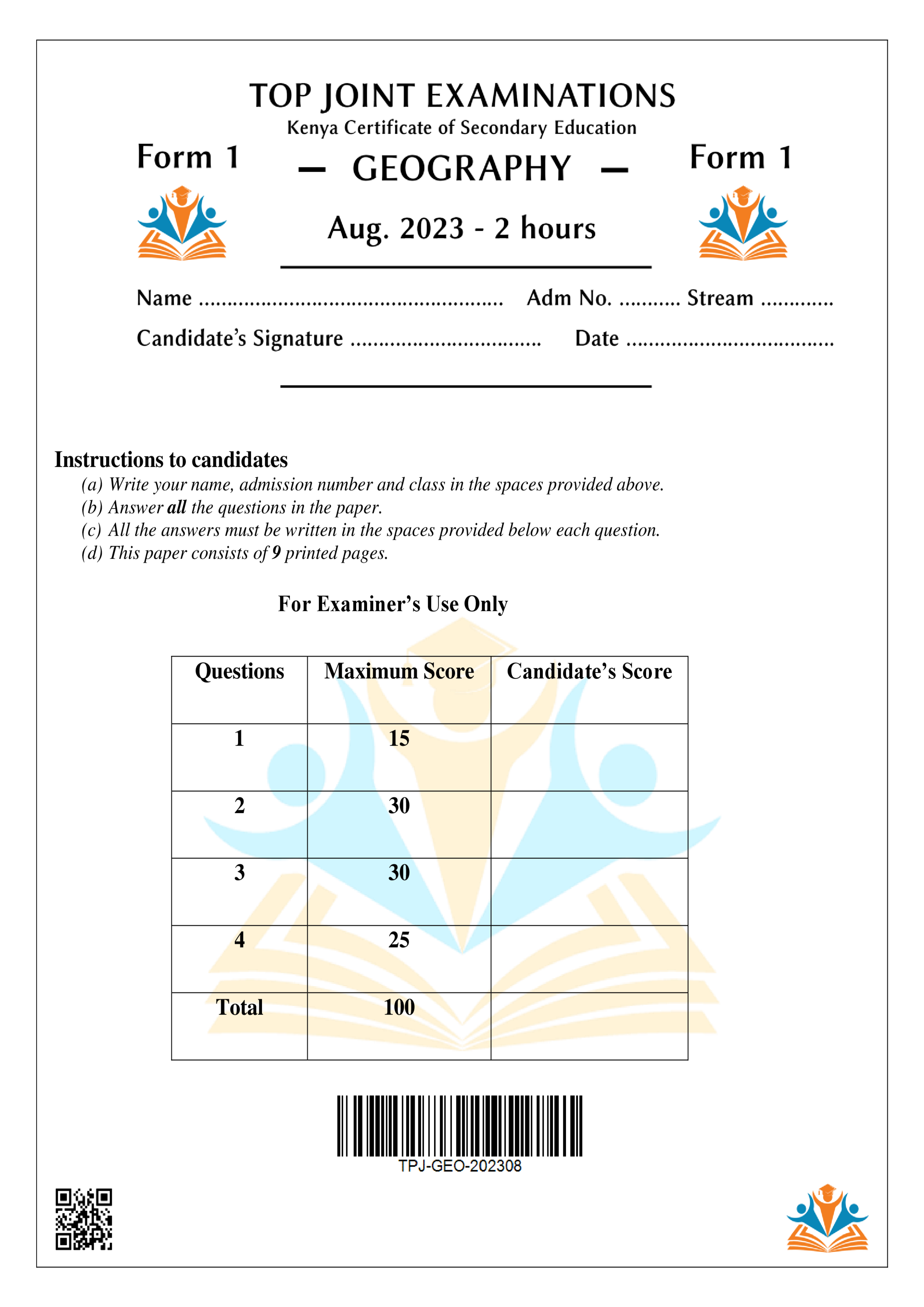 GEOGRAPHY FORM 1 END TERM 2 2023