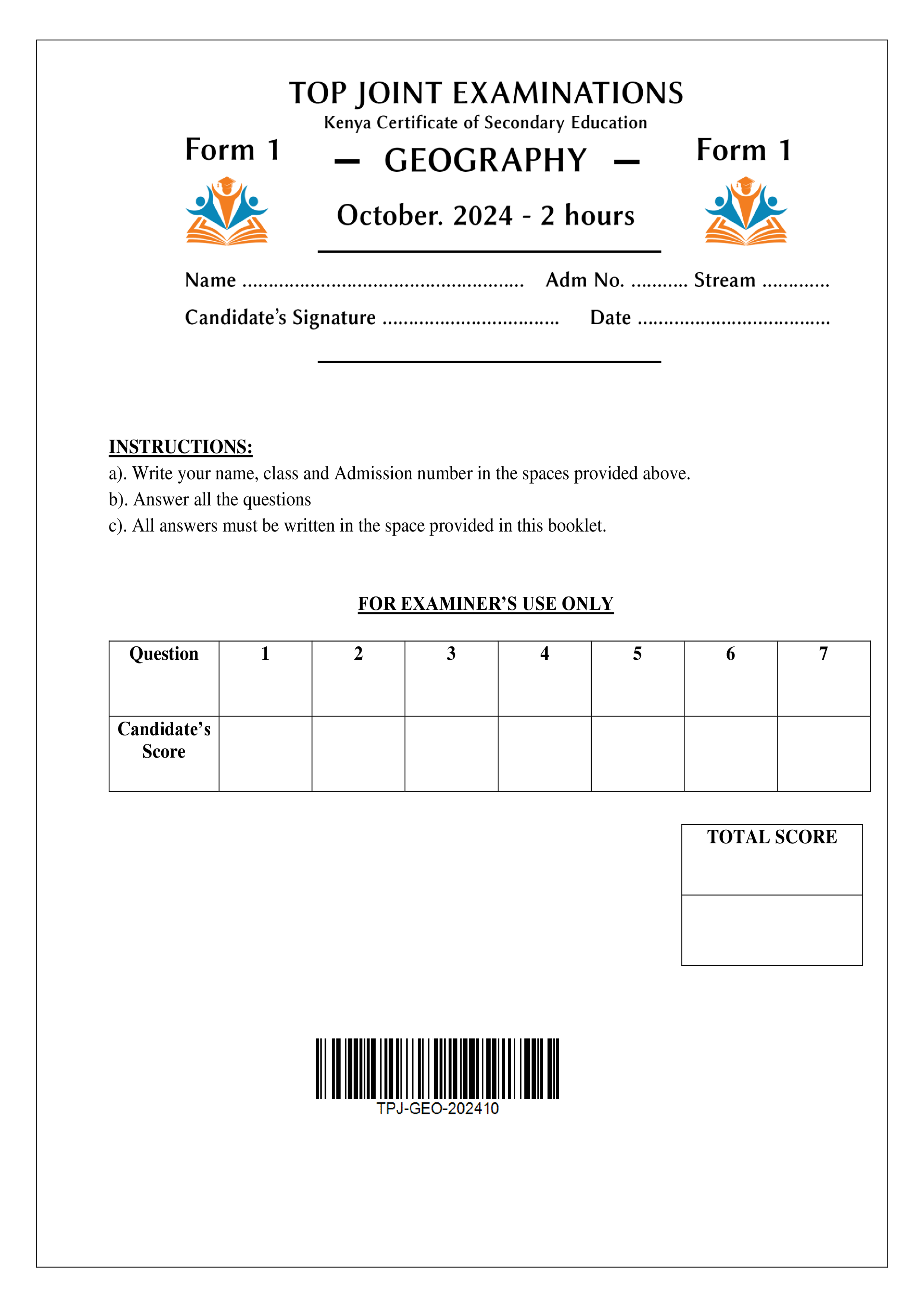 GEOGRAPHY FORM 1 END TERM 3 2024