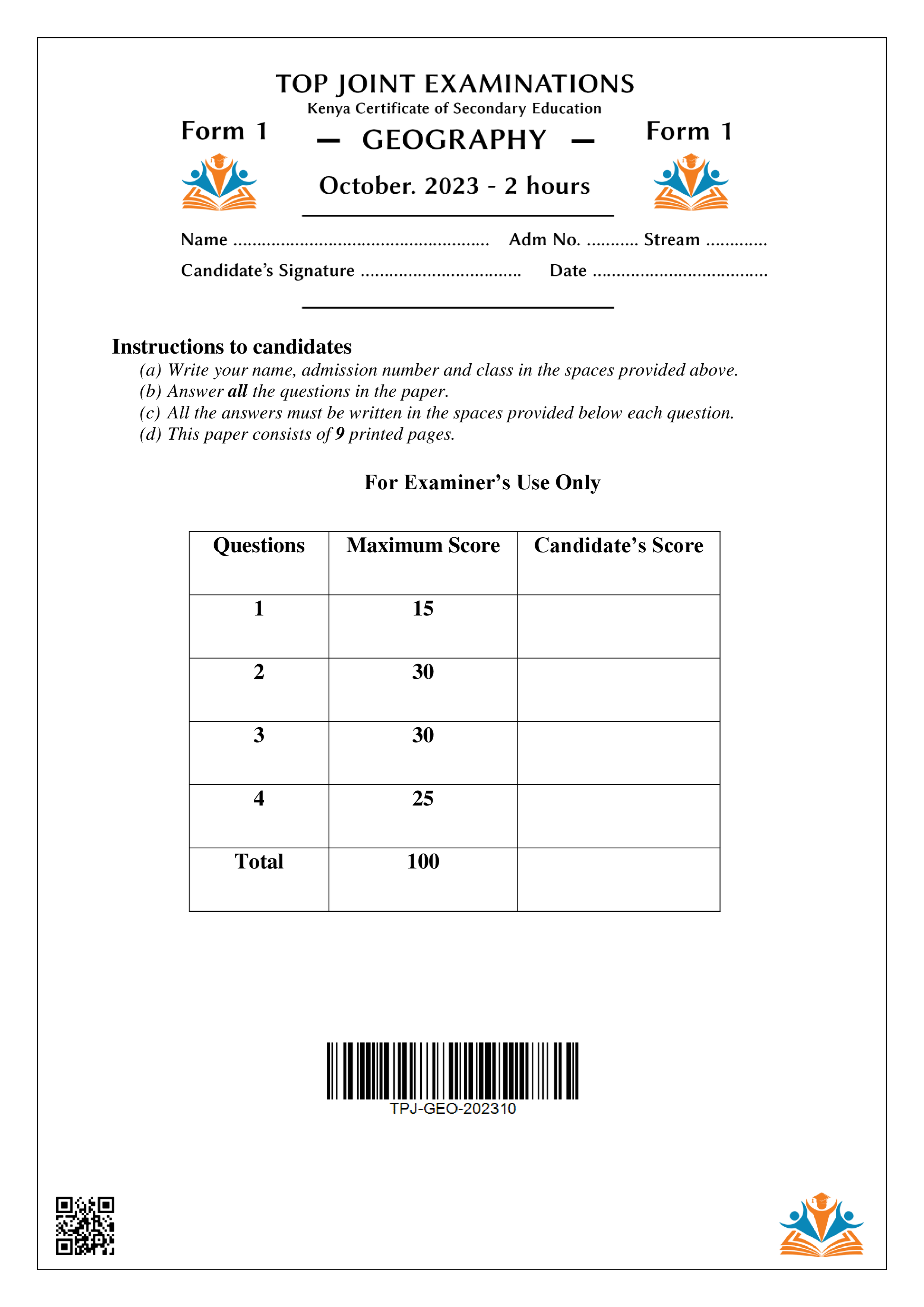 GEOGRAPHY FORM 1 END TERM 3 2023