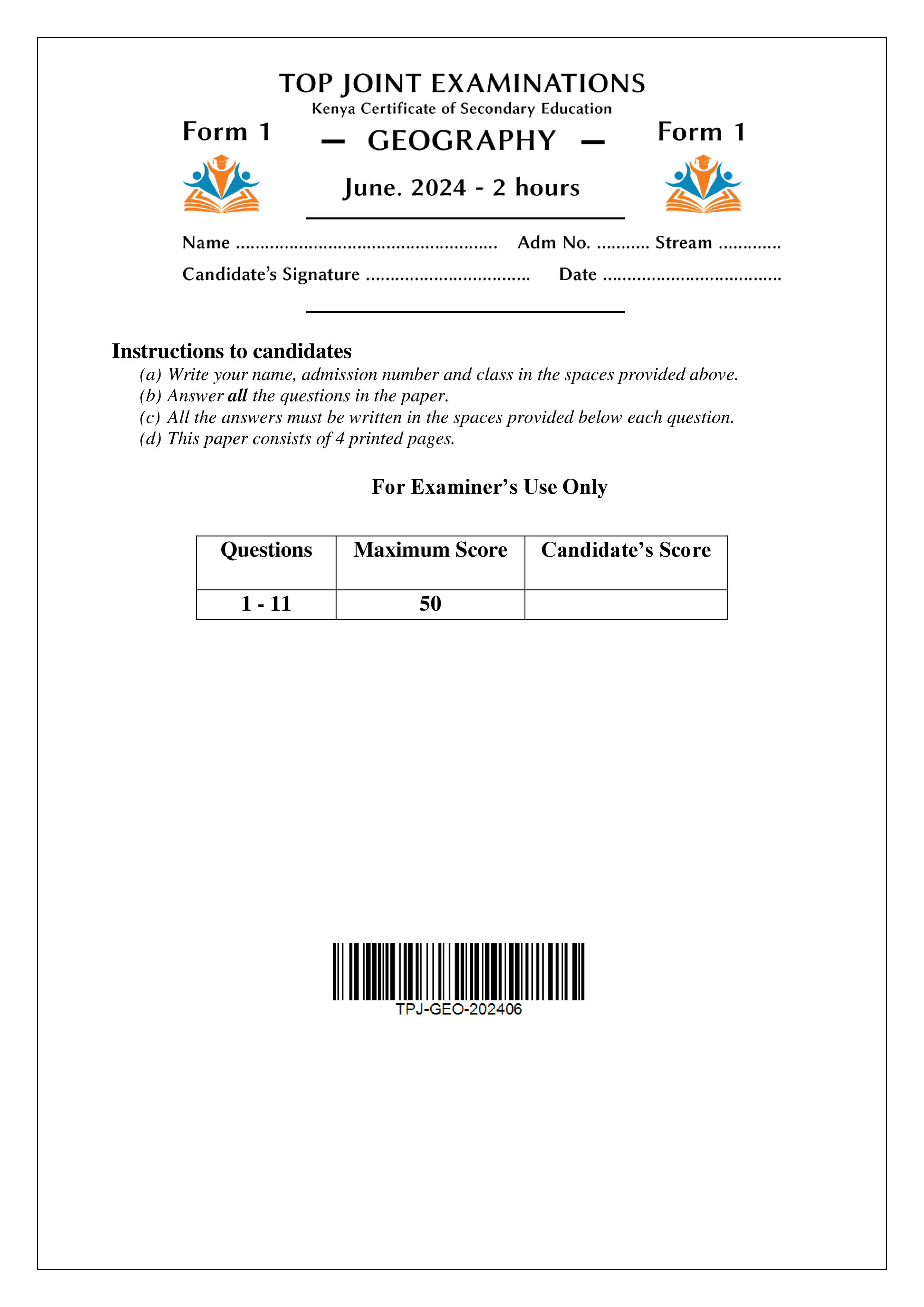 GEOGRAPHY FORM 1 CAT MID TERM 2 2024
