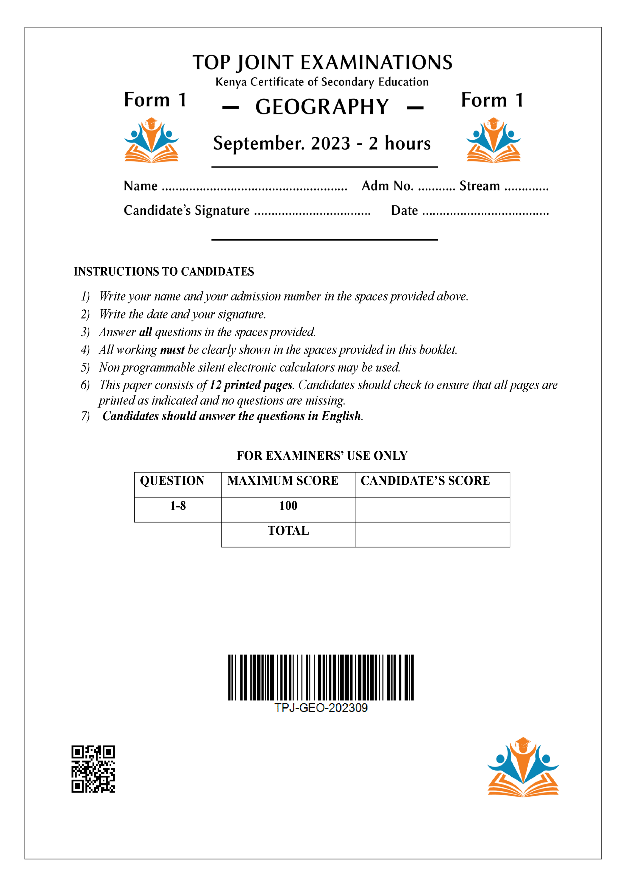 GEOGRAPHY FORM 1 OPENER TERM 3 2023