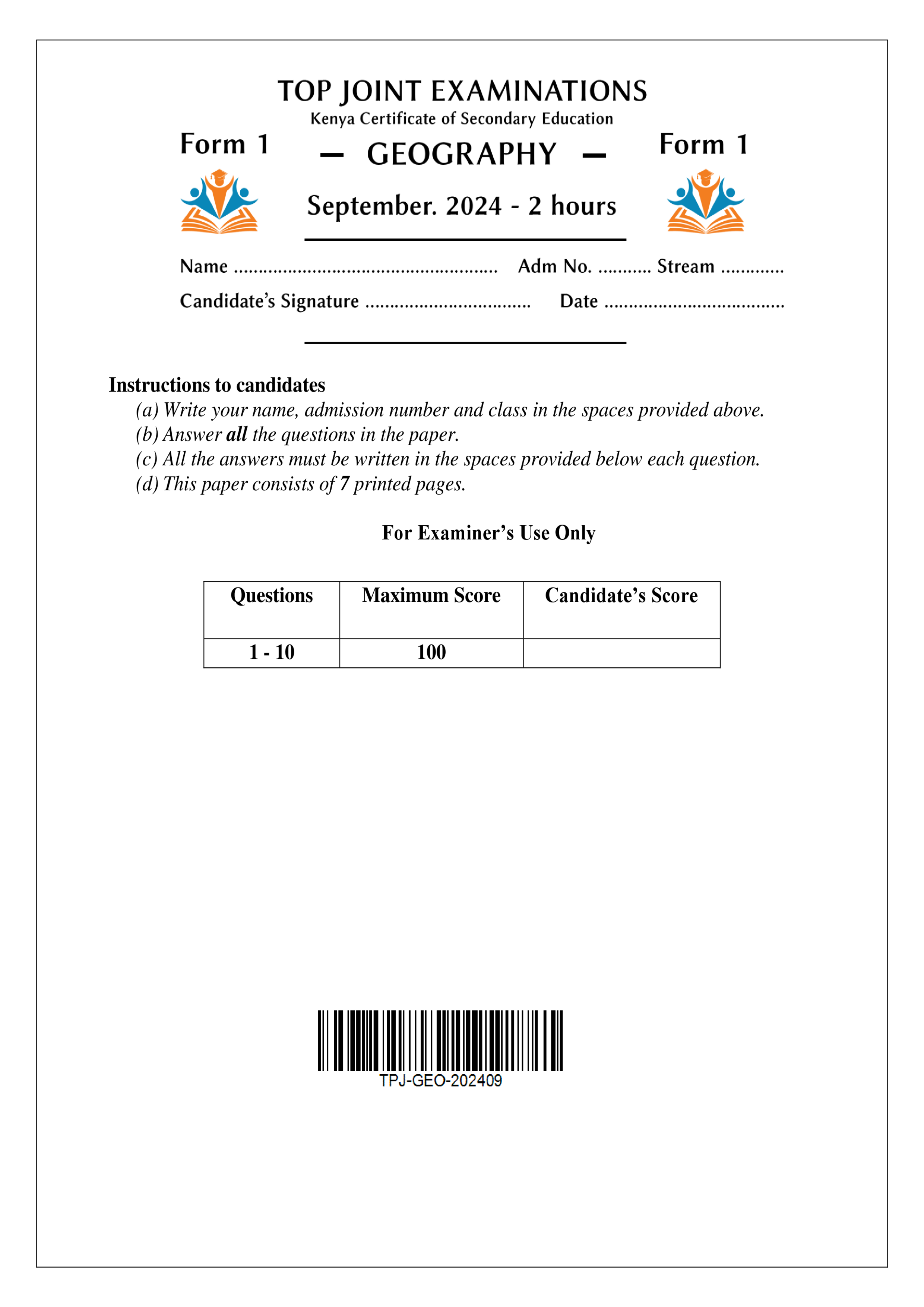 GEOGRAPHY FORM 1 SERIES 1 TERM 3 2024
