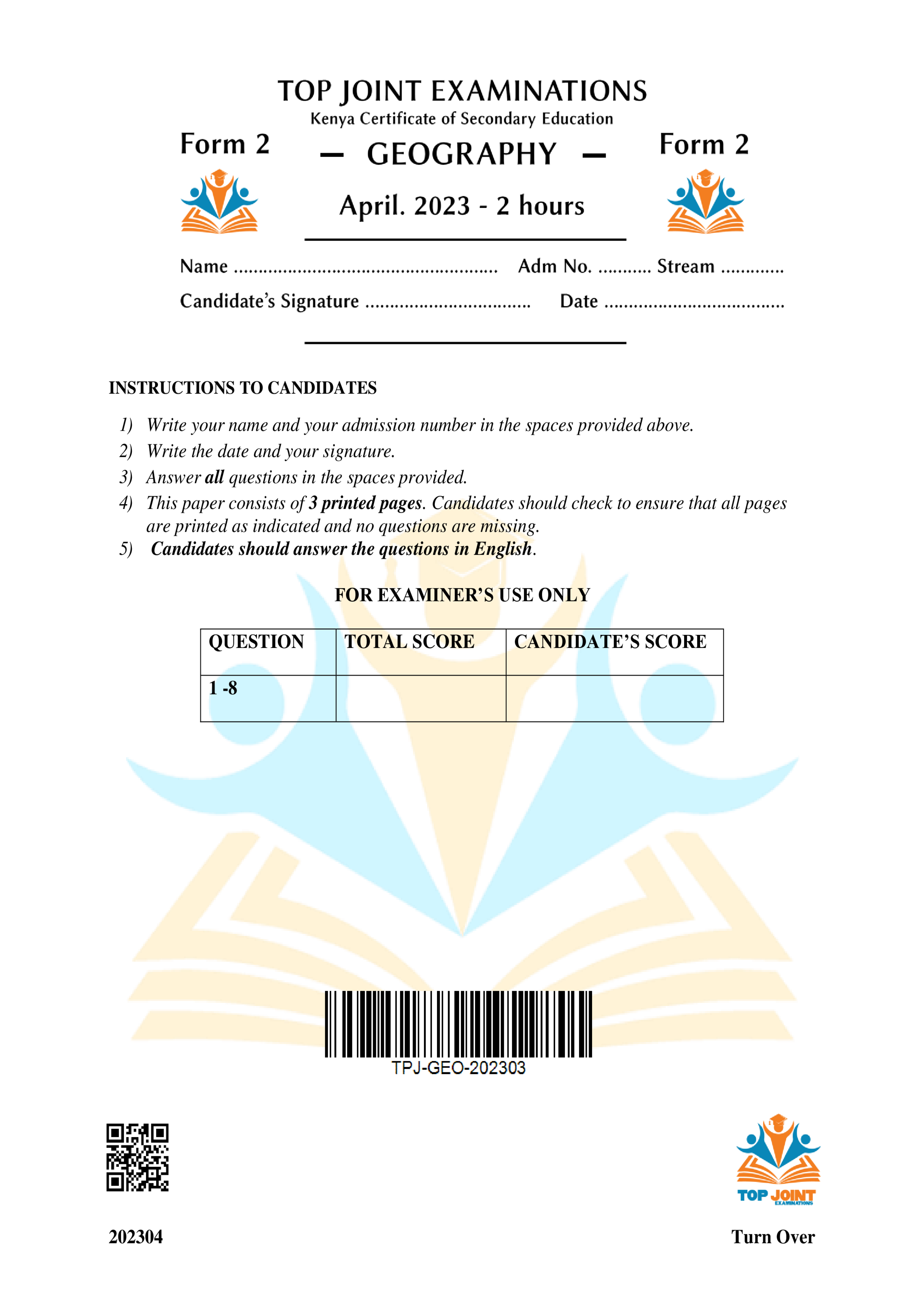 GEOGRAPHY FORM 2 END TERM 1 2023