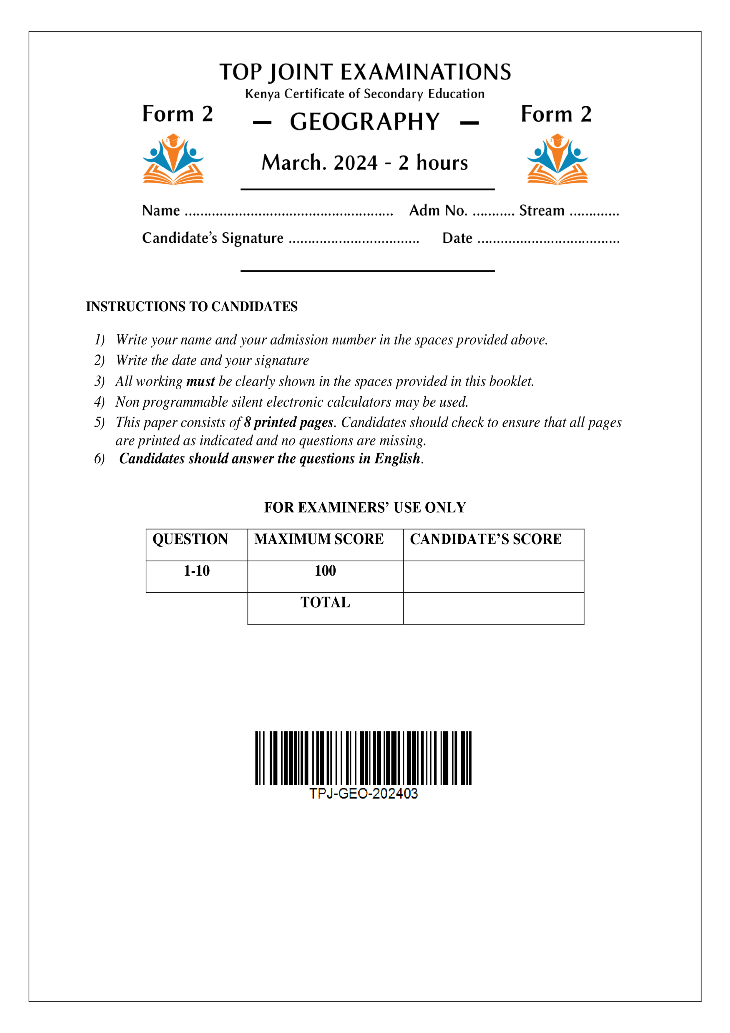 GEOGRAPHY FORM 2 END TERM 1 2024