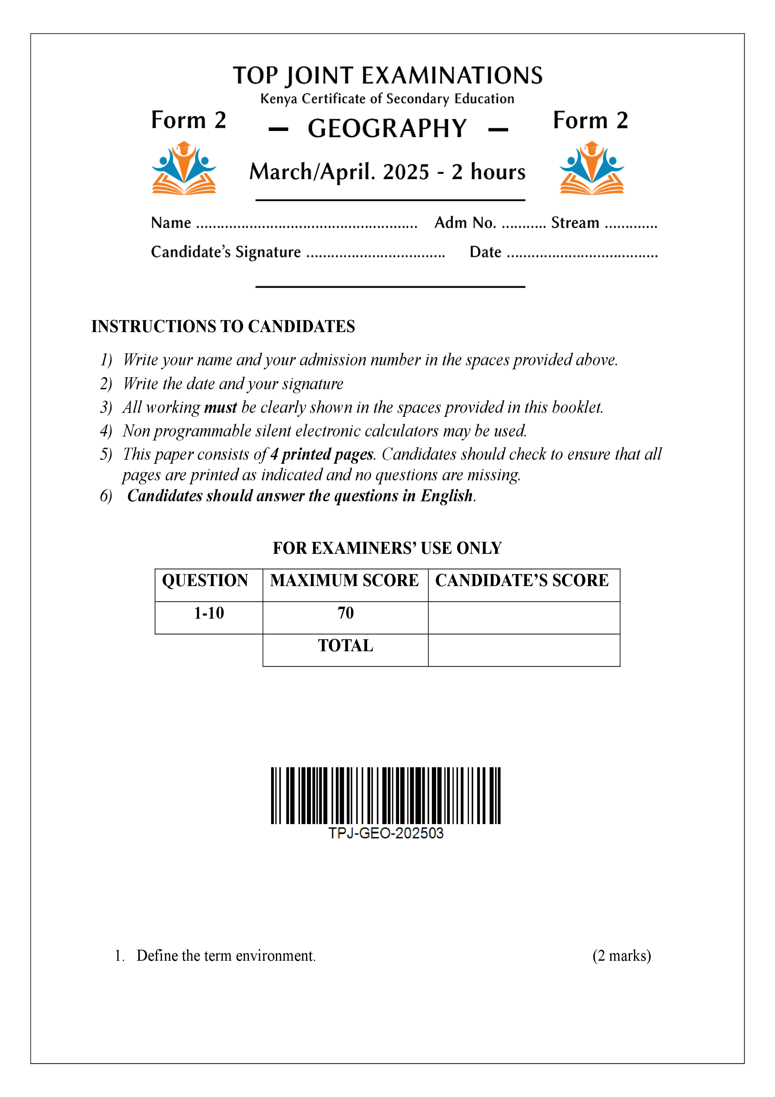 GEOGRAPHY FORM 2 END TERM 1 2025