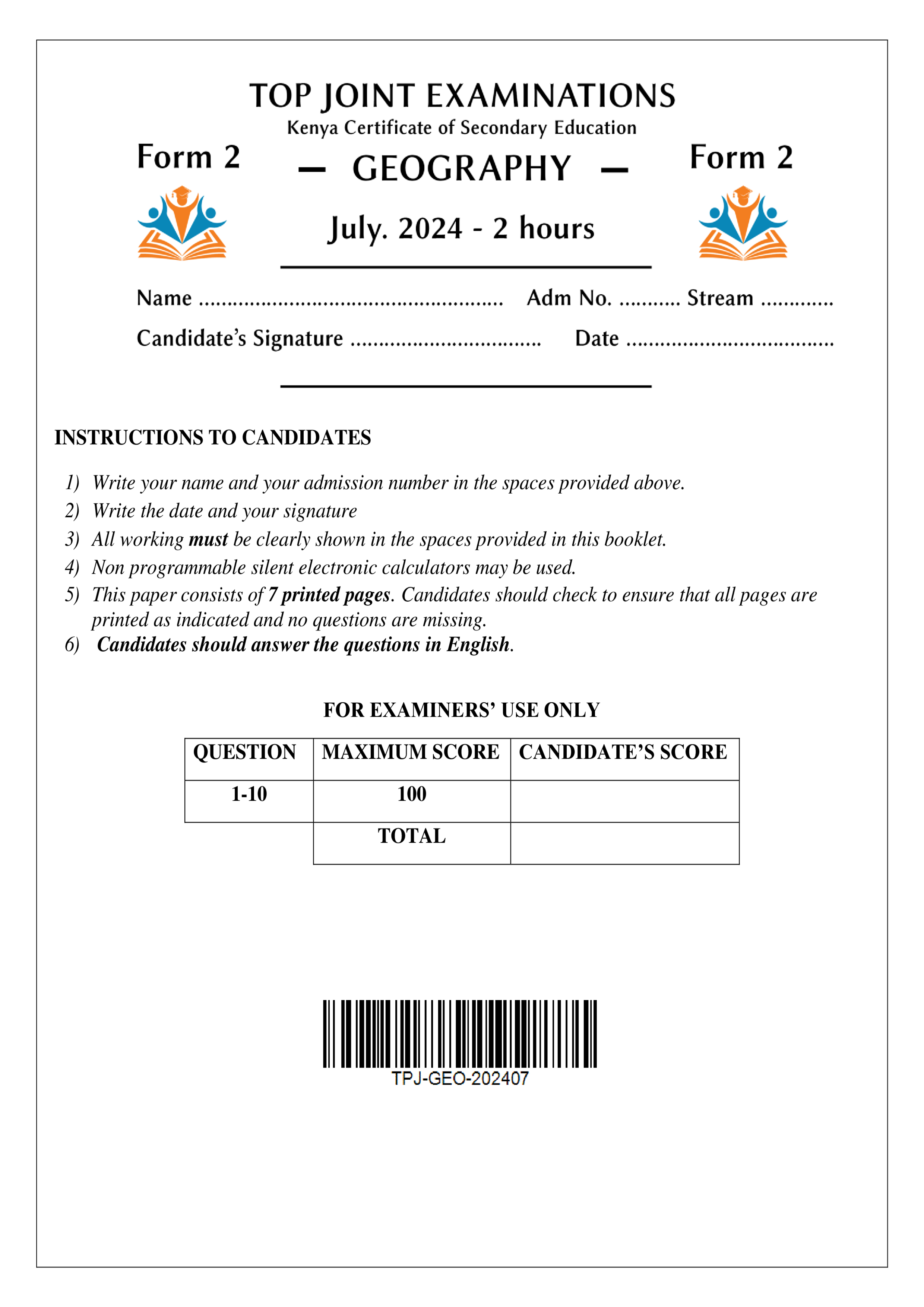 GEOGRAPHY FORM 2 END TERM 2 2024