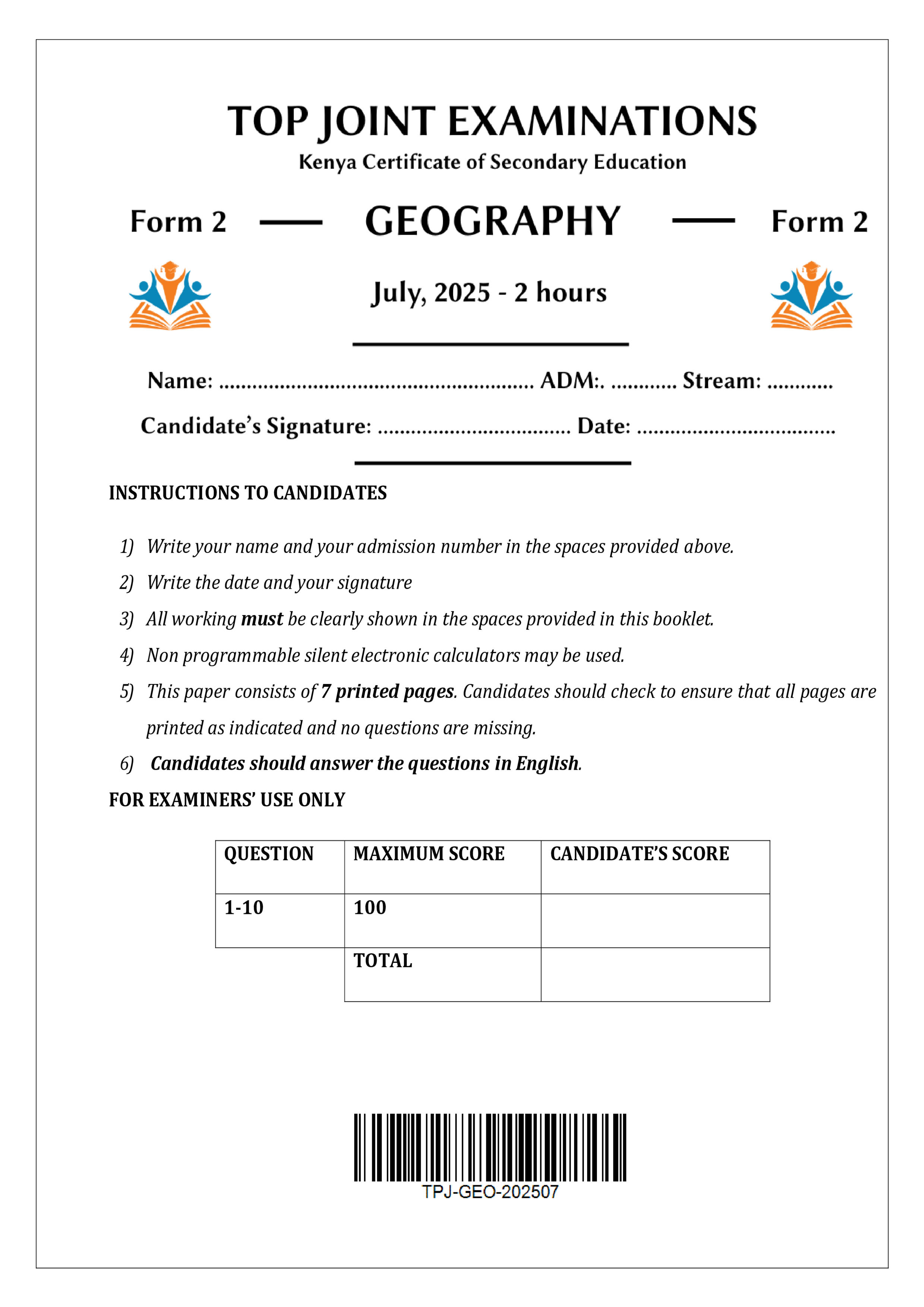 GEOGRAPHY FORM 2 END TERM 2 2025
