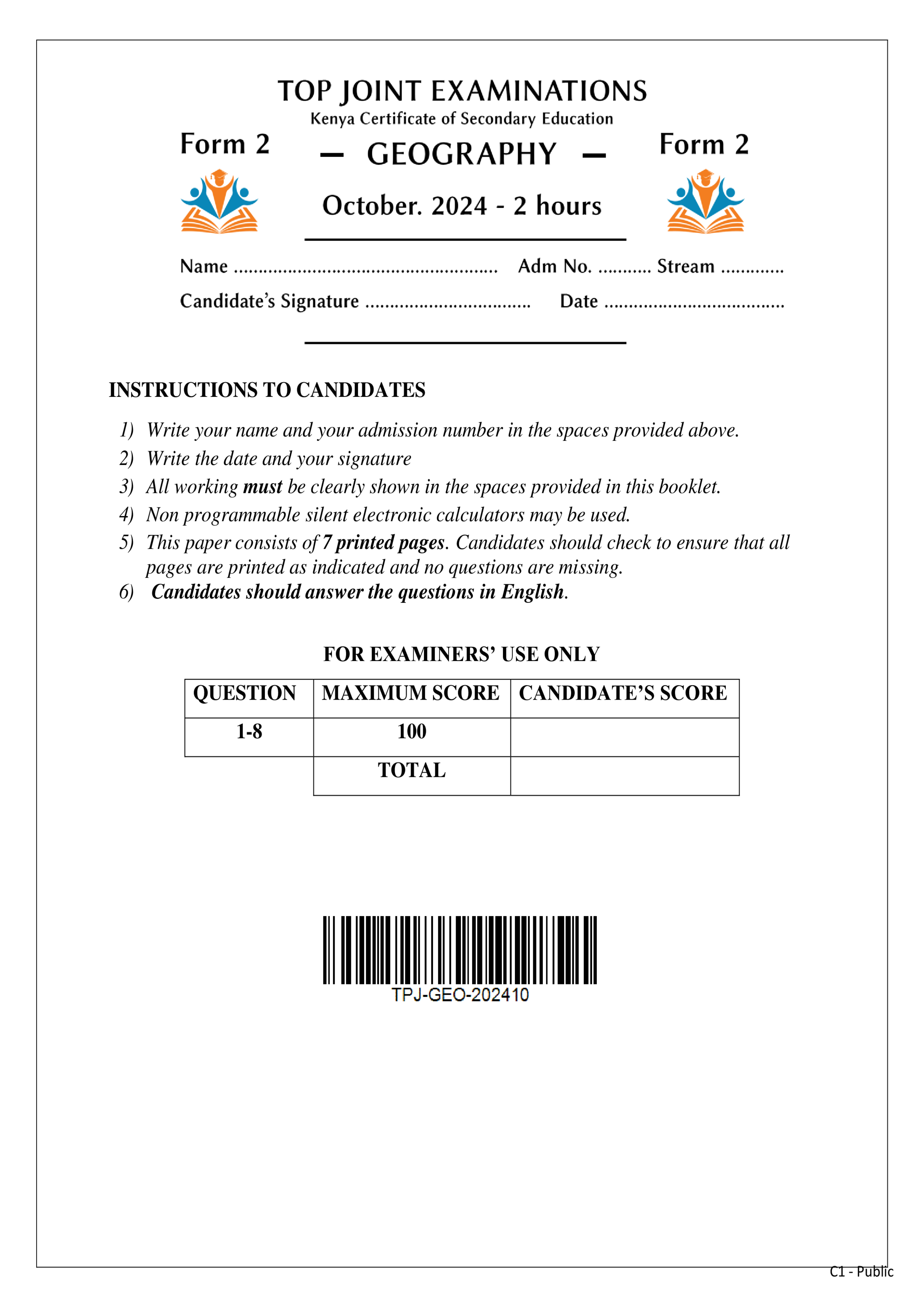 GEOGRAPHY FORM 2 END TERM 3 2024