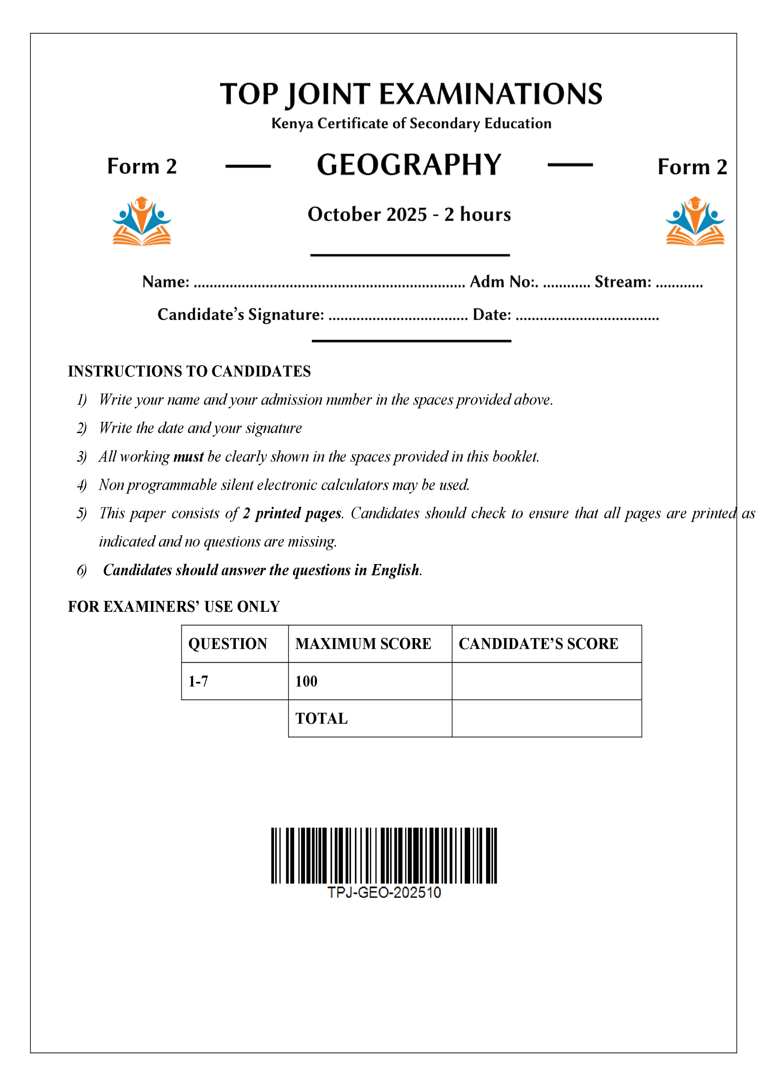 GEOGRAPHY FORM 2 END TERM 3 2025