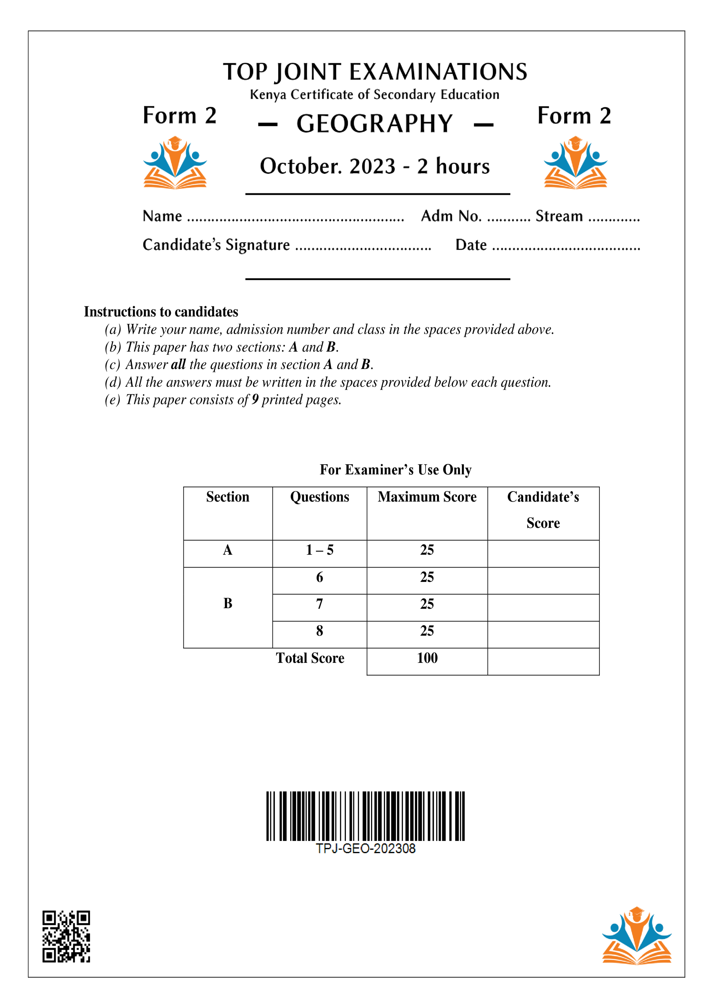 GEOGRAPHY FORM 2 END TERM 3 2023