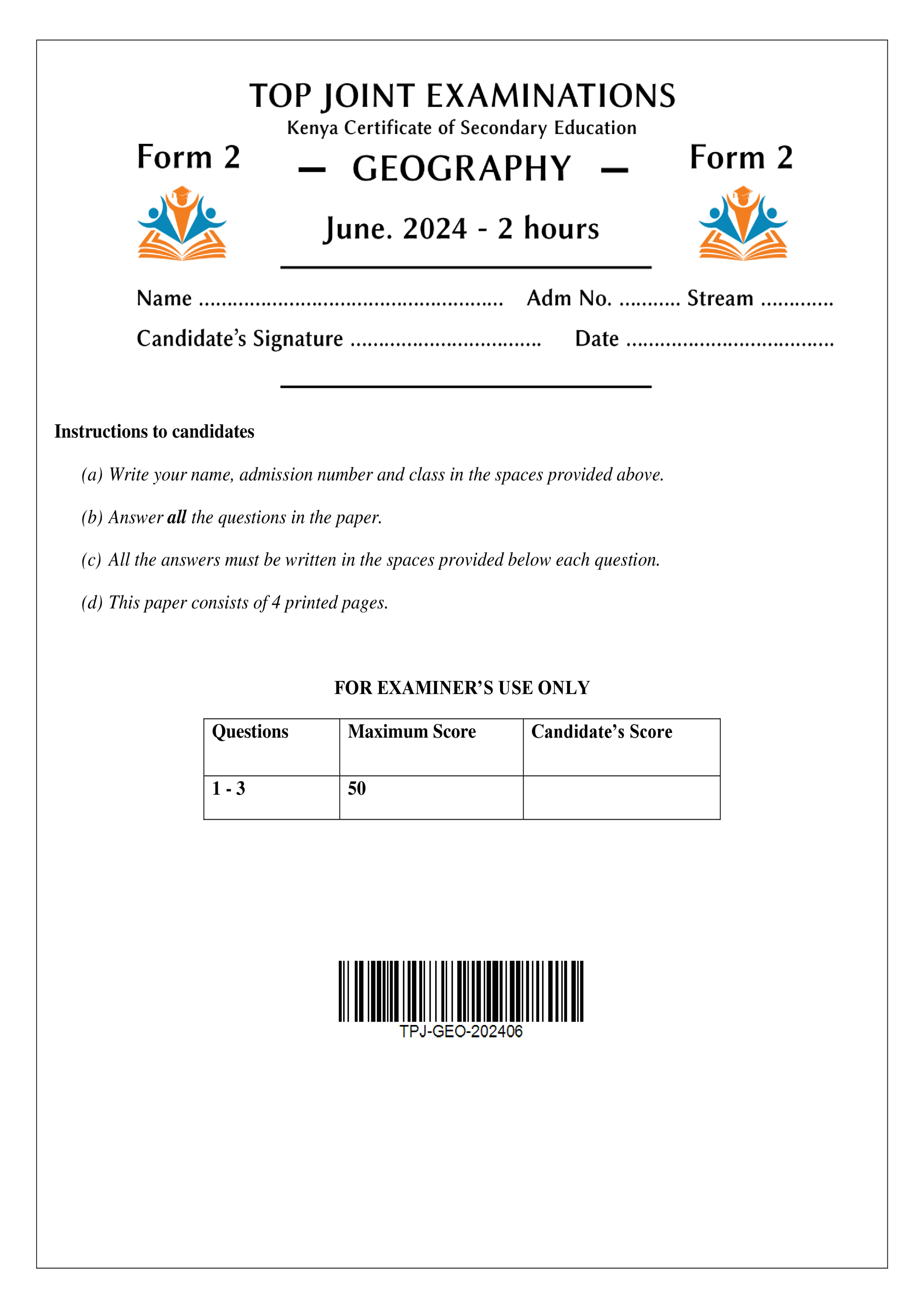 GEOGRAPHY FORM 2 CAT MID TERM 2 2024